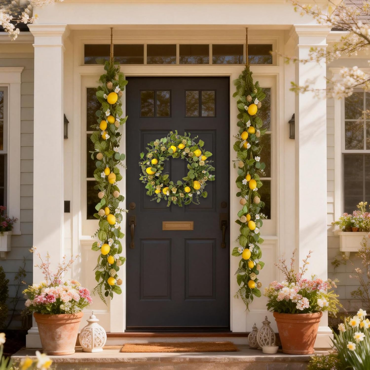 Idyllic 6 Ft Artificial Lemon Leaf Vine Garland - Faux Spring Wall Hanging Decor for Mantle, Window, Wedding, Home & Garden - Long Yellow Green Vine