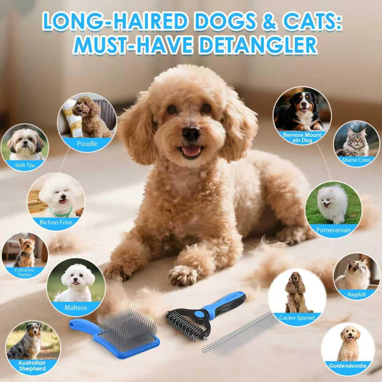 Grande brosse lissante pour chiens – Kit de toilettage 3 pièces – Râteau à sous-poil et peigne en acier inoxydable | Longues broches pour enlever les tapis sur les caniches, dorés
