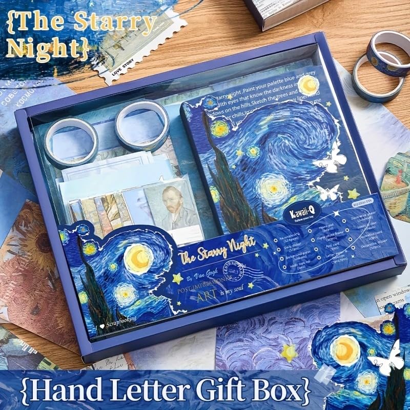 Image of Invite Vintage Oil Painting A6 Grid Notebook for Junk Journal Aesthetic Scrapbook Kit with Scrapbook Stickers Washi Tapes (The Strrry Night-Blue)