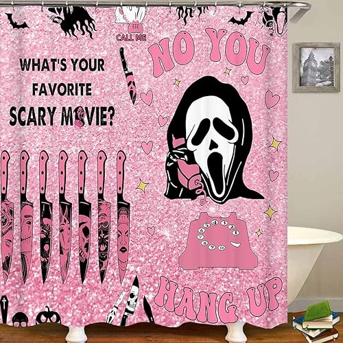 Miniatura 3 de Juego de 4 cortinas de ducha de Halloween con alfombras, divertida cortina de ducha fantasma, cortina de ducha rosa de tela impermeable, cara