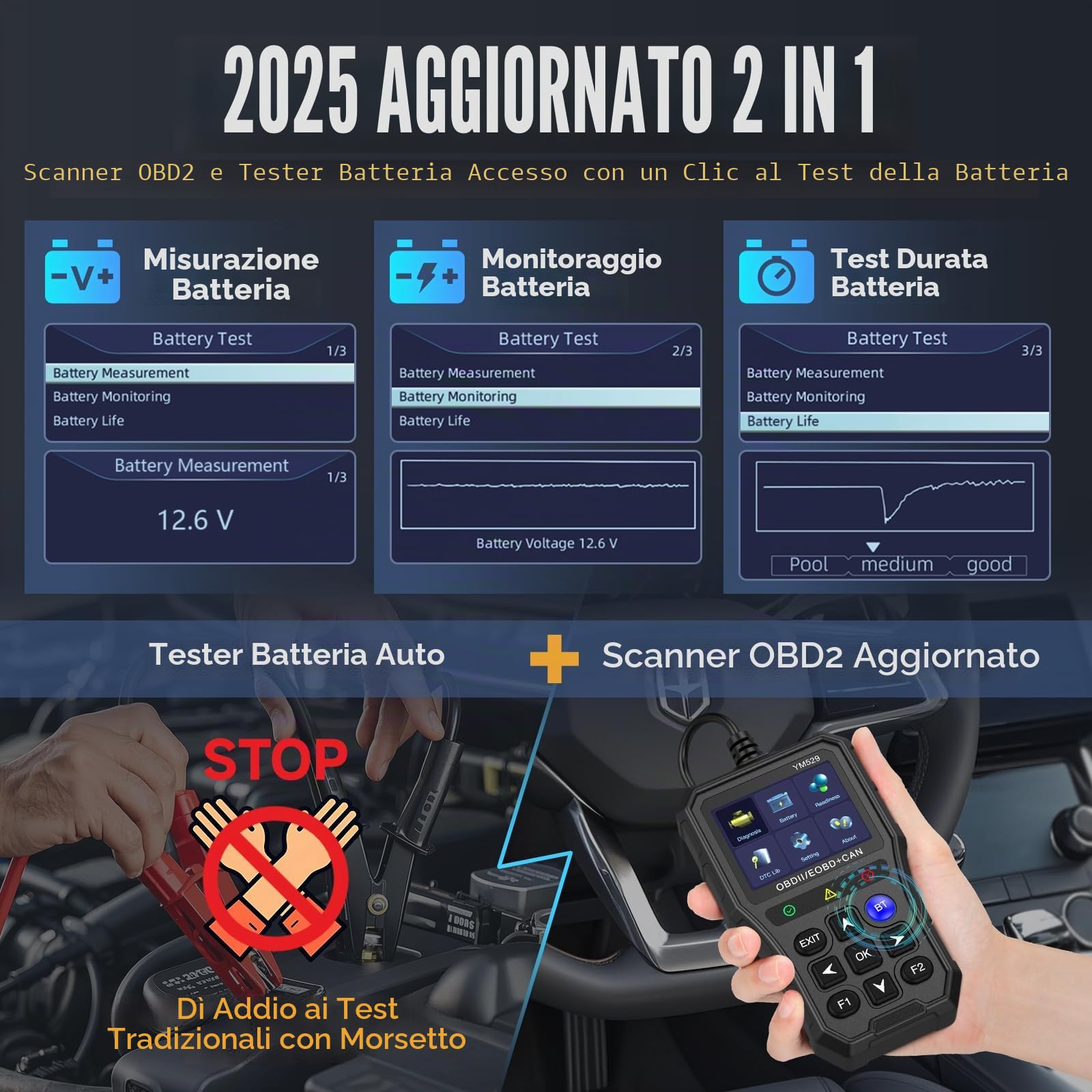 Professional OBD2 Scanner con tester della batteria - strumento diagnostico per automobili, 3D UI 2,8 pollici IPS schermo TPU case, lettura e cancellazione codici di errore, nero