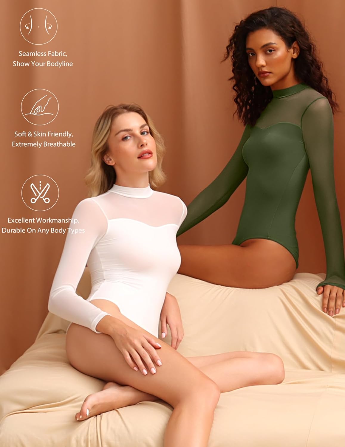 Avidlove Long Sleeve Bodysuits for Women Mock Neck Sheer Mesh Sleeve Bodysuit Double Lined Leotards Shirt Going Out Top - Image 2