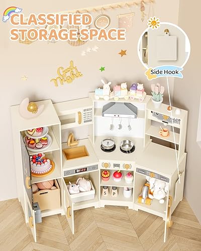 Miniatura 6 de MAMIZO Cocina de esquina de madera, gran juego interactivo de cocina para niños pequeños con pizarra, estufa y campana extractora con luz y sonido,