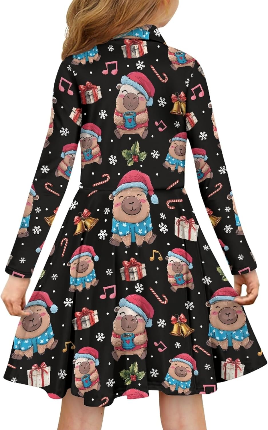 AmzPrint Long Sleeve Christmas Dress for Girls Peter Pan Collar Casual Button Down Fit and Flare Midi Polo Dress for Girls