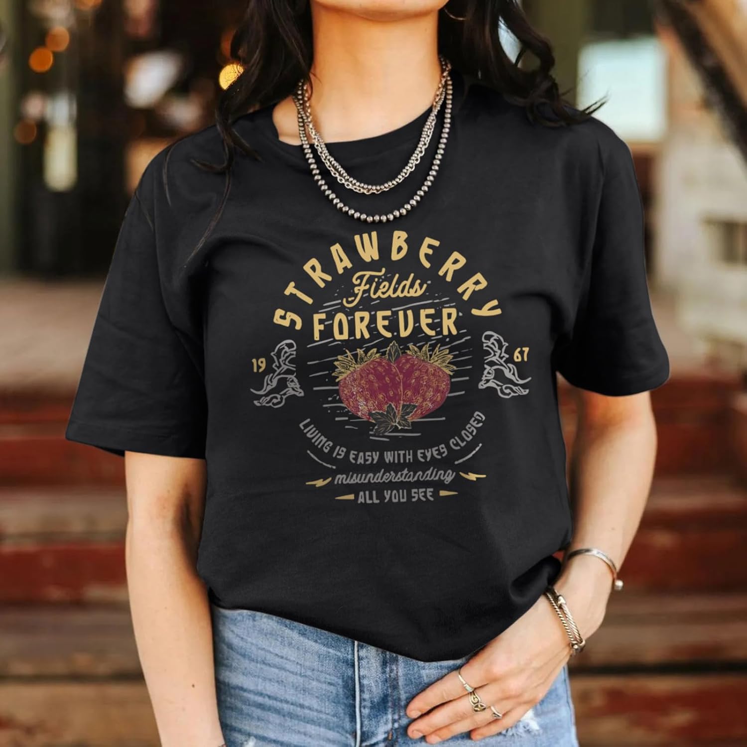 KIEKIECOO Rock Band T Shirts for Women Rock and Roll Country Music Shirts Vintage Strawberry Graphic Tees Concert Outfits - Image 2