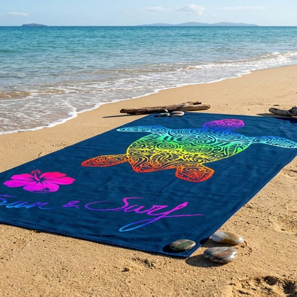 Alpes Blanc Serviette de Plage Tortue Multicolore sur Fond Bleu 140x200 cm en Coton Égyptien Jacquard – Drap de Plage XXL