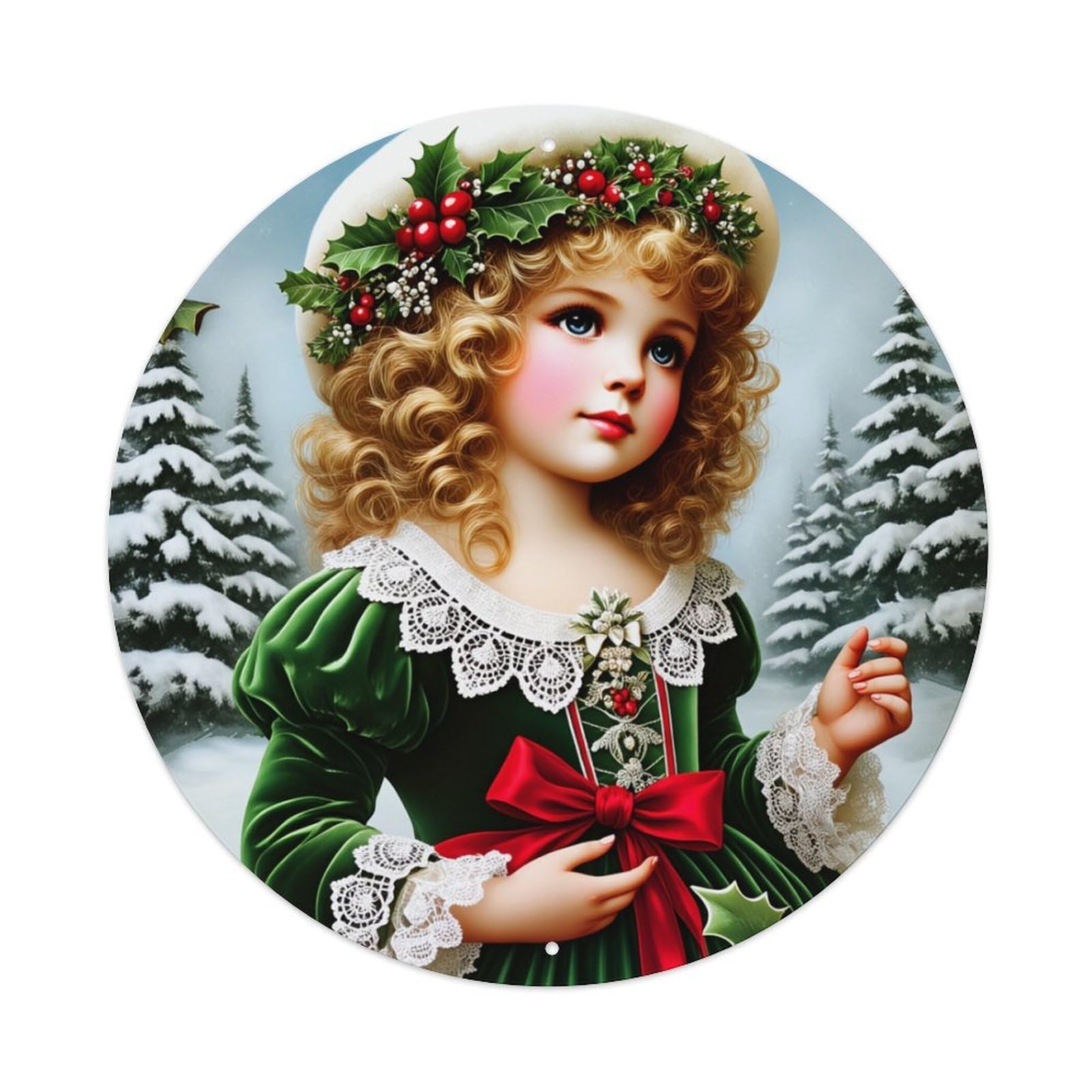 Christmas Girl With Holly Hat Round Tin Sign Retro Metal Sign for Cafe Bar Pub Home Game Room Gym Club Wall Decoration Vintage Metal Poster 8x8 Inch