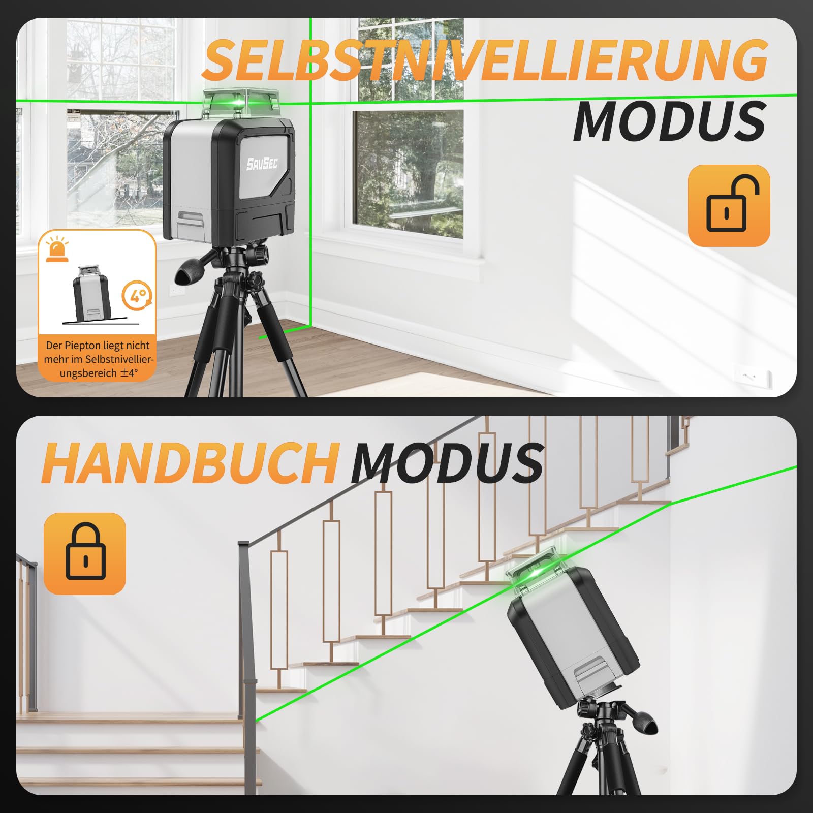 Niveau à bulle laser SAVSEC vert, 1 × 360° Laser en croix auto-nivelant, 5 lignes 45 m Niveau à bulle laser en croix avec mode manuel, automatique et impulsion pour chantier de construction intérieur