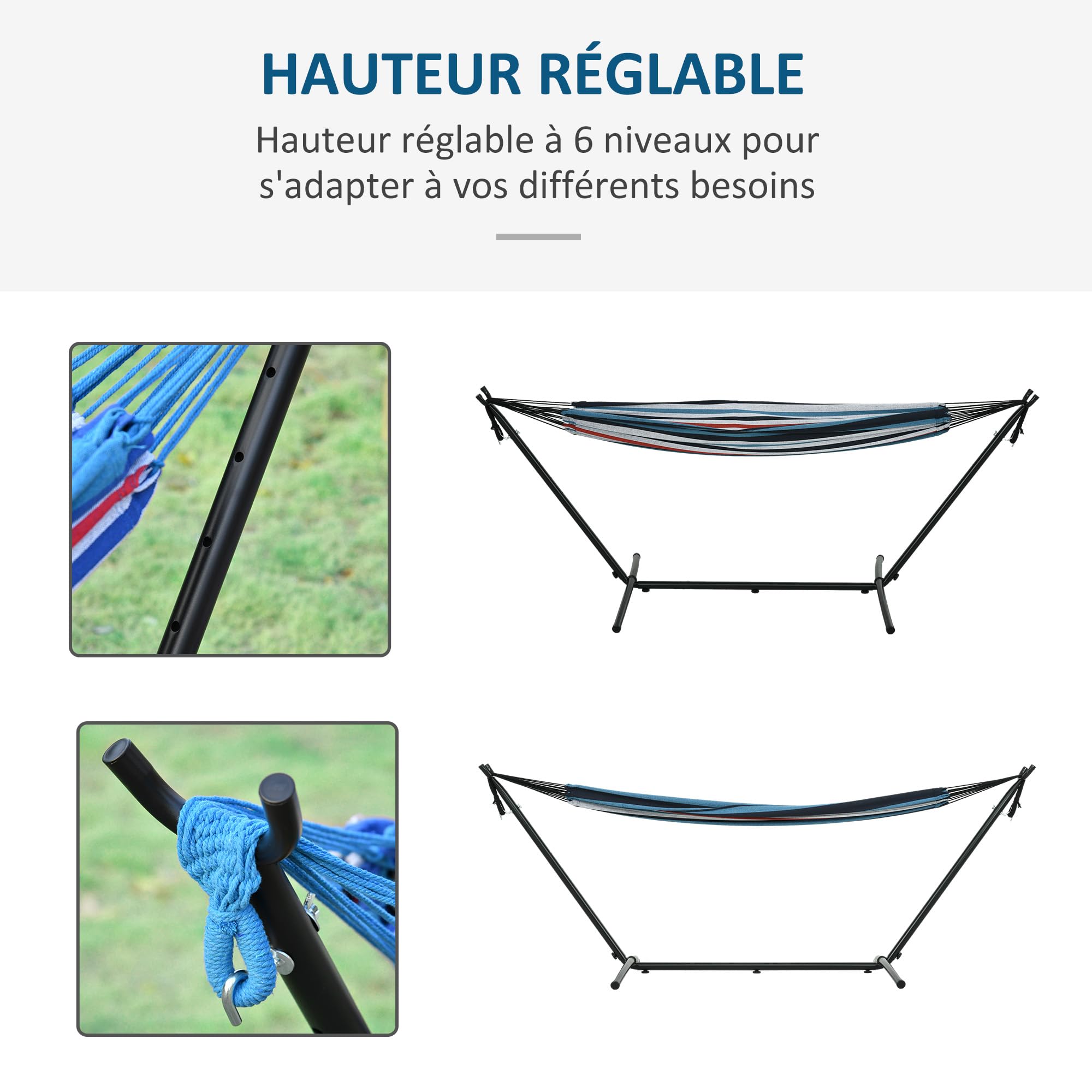 Outsunny Hamac de Jardin avec Support en métal époxy hamac sur Pied 1 Place Charge Max. 120 Kg Sac Transport Bleu Blanc