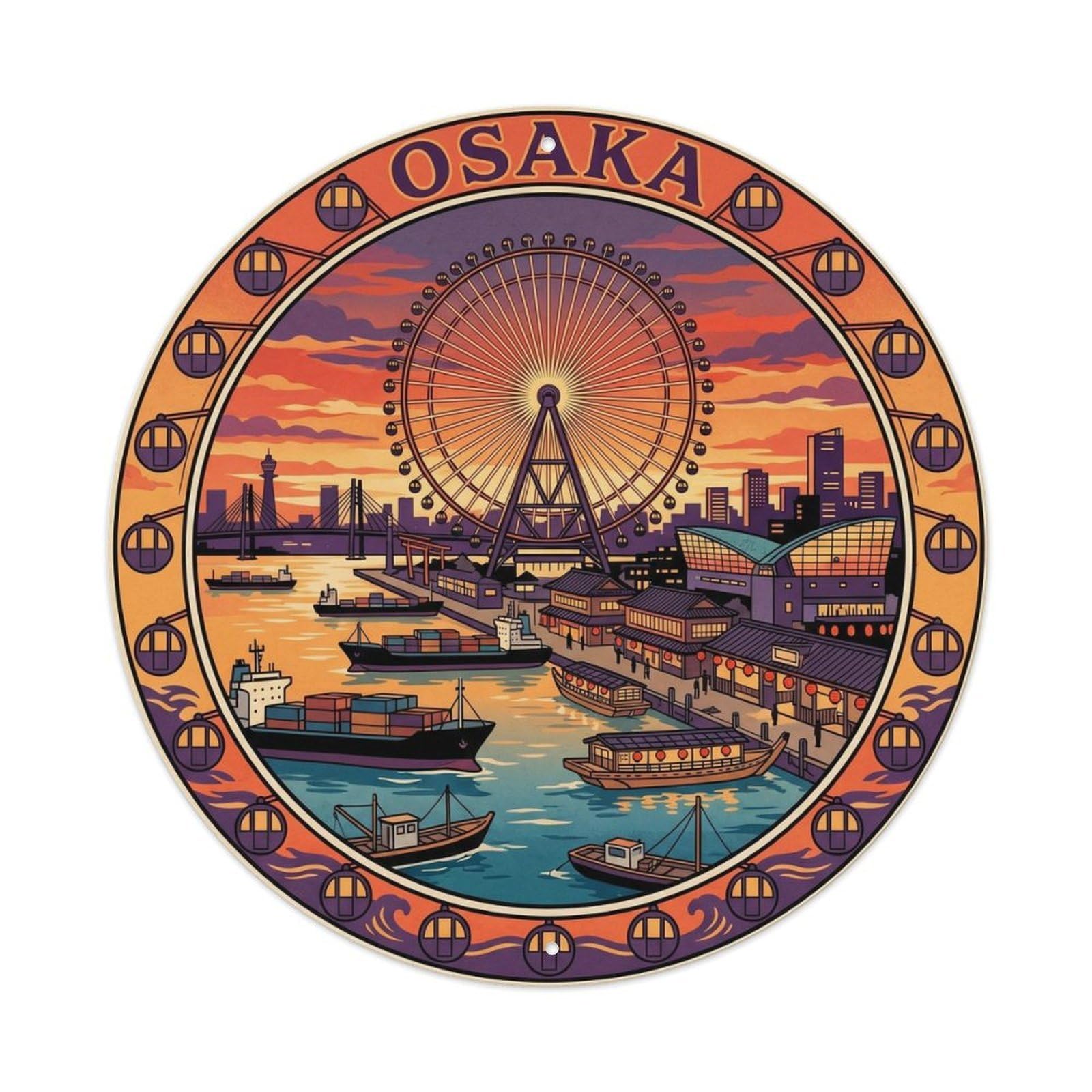 Olyhtr 8X8inch Classic Style Japan Travel Osaka Harbor Aquarium & Ferris Wheel Metal Tin Sign