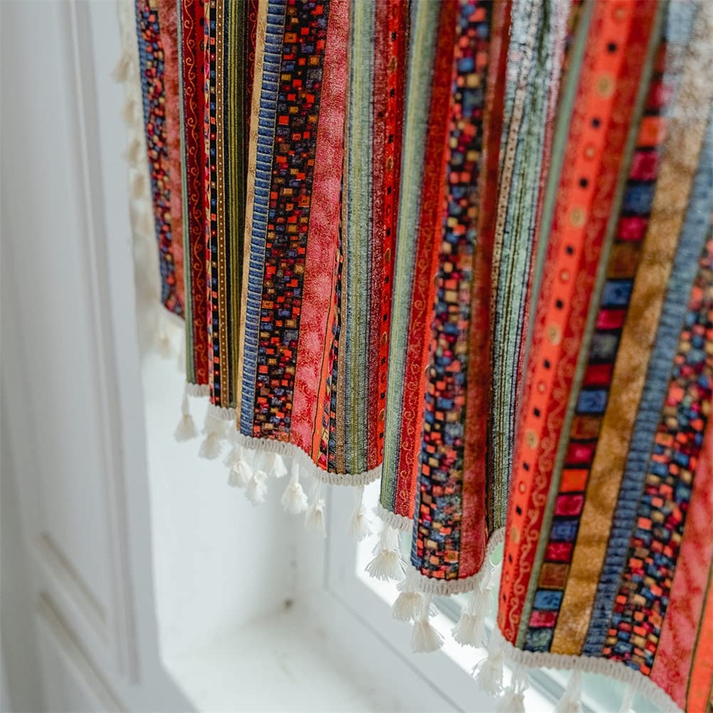 ACMHNC Zazdrostka w stylu vintage, boho, do kuchni, w stylu wiejskim, bistro, bawełna, len, krótka firanka z frędzlami, do kawiarni, do salonu, dekoracja okienna, 1 sztuka, czerwona, szer. x wys. 150 x 180 cm