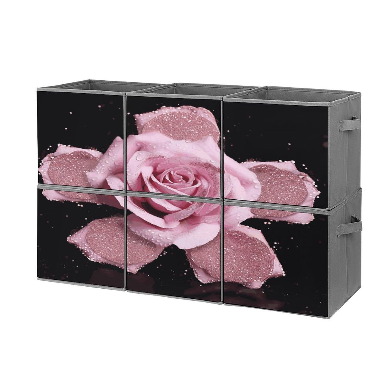 Fekiloot Style Glitter Pink Rose Storage Bin For Foldable And Handles,Closet Organizer Of 6-Pack Stackable,Storage Box For Living,Room, Office,Bedroom,Closet