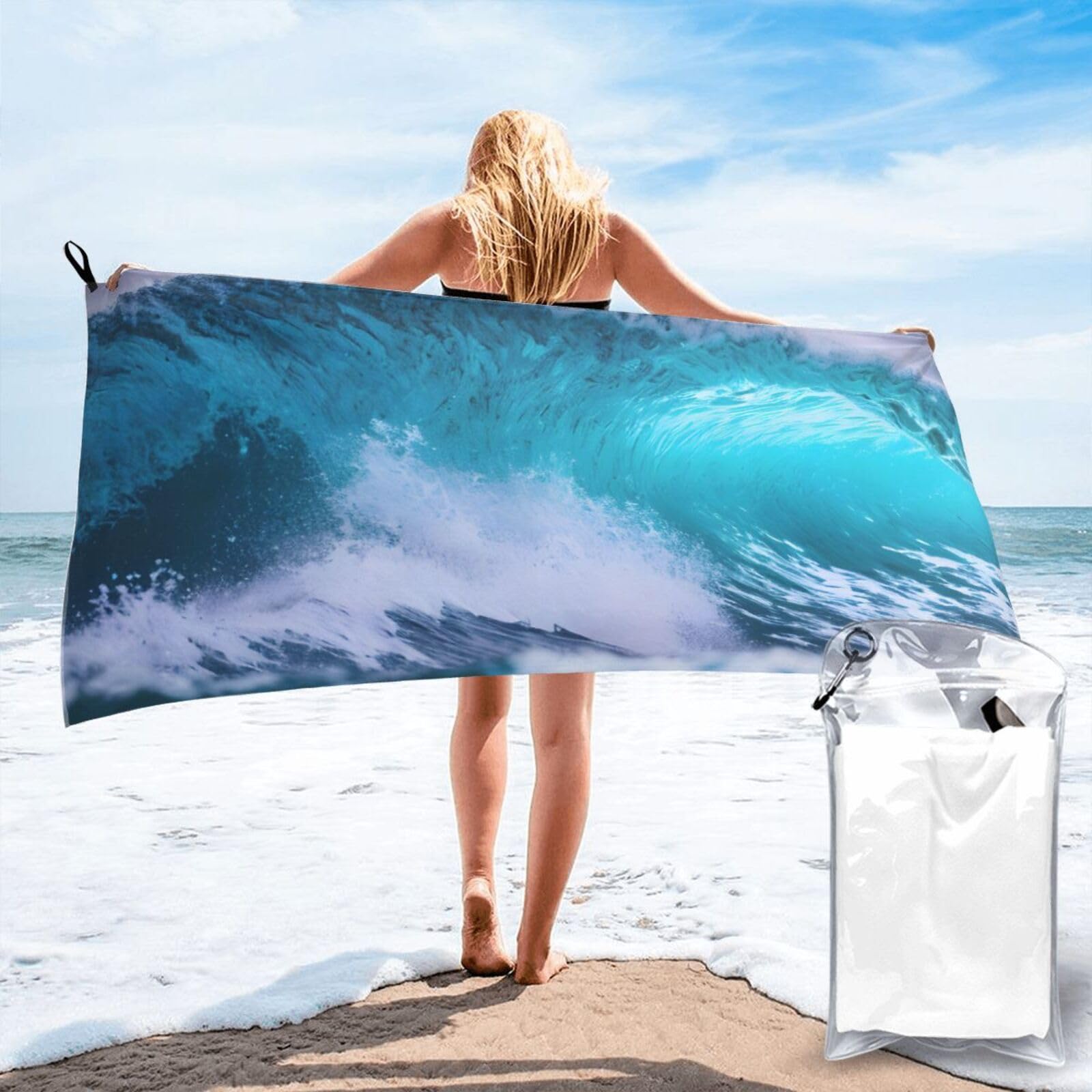 JBJGKHLP Blue Ocean Wave Print Quick Dry Portable Towel For Beach Camping Hiking Yoga Fitness Outdoor Adventures