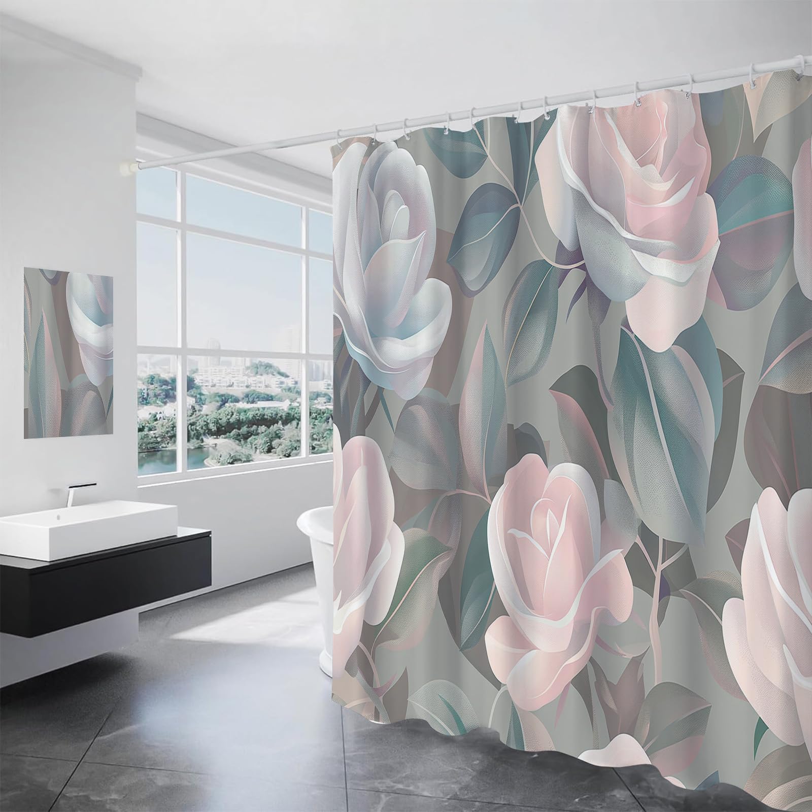 Rideau de douche feuilles de roses pour baignoire familiale moderne