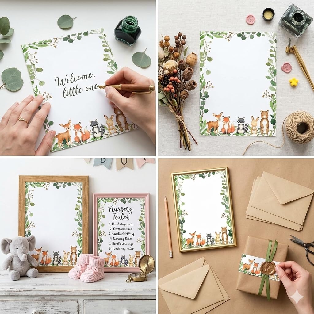 Papelería para baby shower de animales del bosque del bosque, 60 hojas, papel de membrete de una sola cara de 8.5 x 11 pulgadas para invitaciones, notas de agradecimiento y escritura