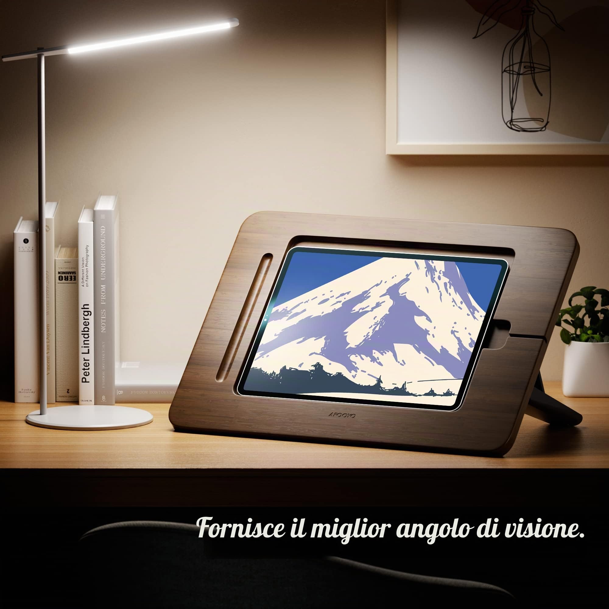 AFOOYO Supporto per tablet in bambù, portatile e regolabile in 5 angolazioni, supporto per laptop, supporto per lettura libri, compatibile con 9,7/10,2/10,5/10,9/11 pollici (vernice noce)