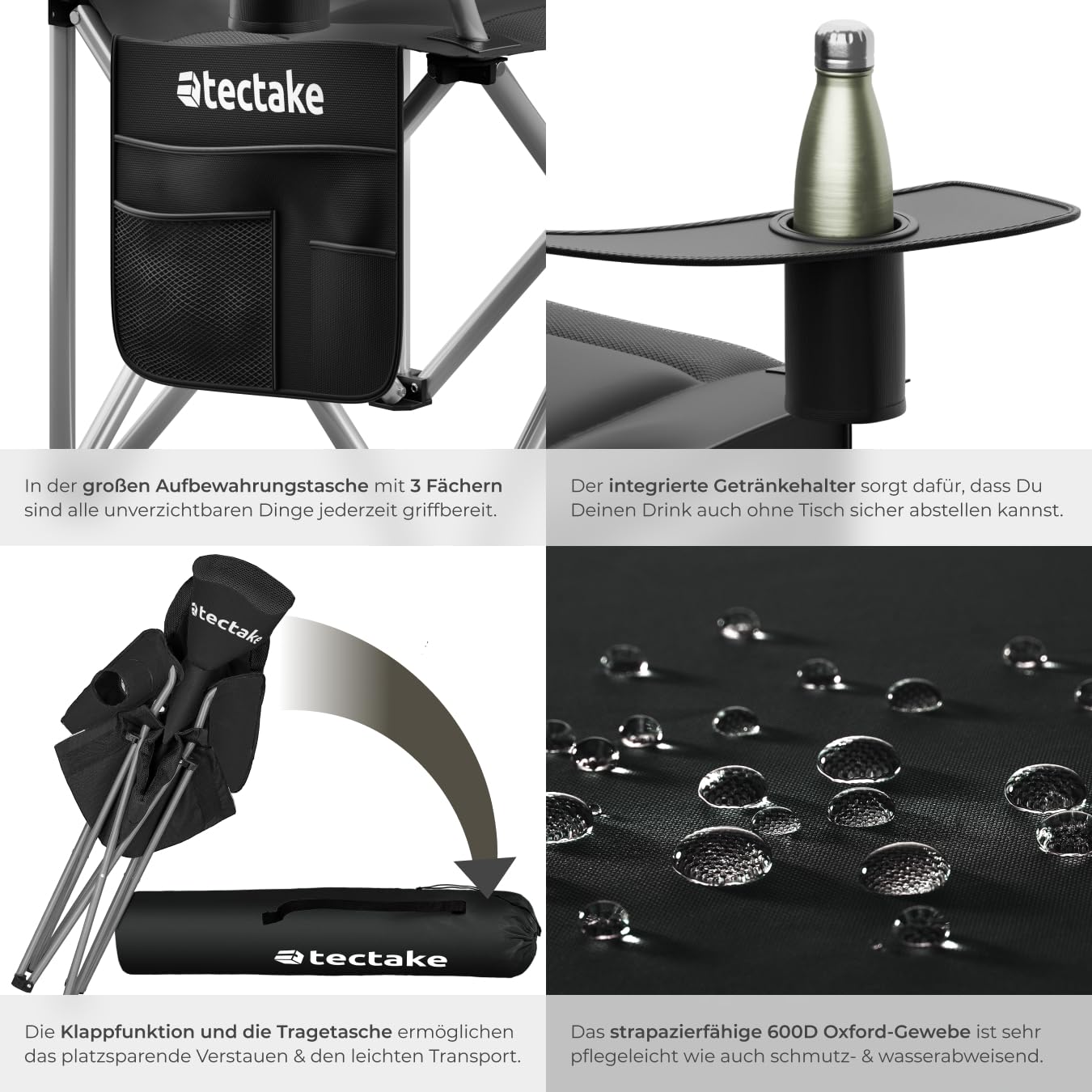 tectake® Campingstuhl faltbar, Stuhl mit Armlehne, Gartenstuhl klappbar, Klappstuhl Camping Gadgets oder Angelzubehör, Outdoor Sessel mit Getränkehalter für Campingküche, als Balkonstuhl