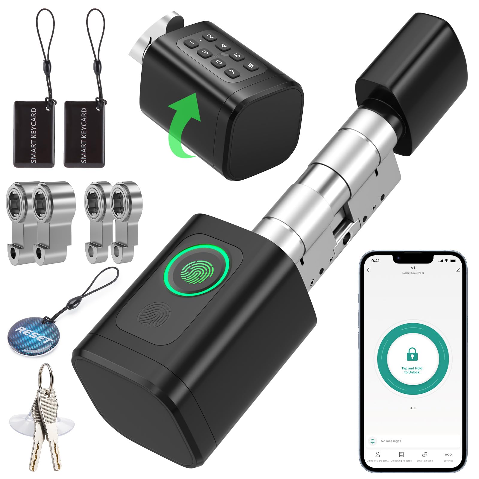 FITNATE Elektronisches Türschloss mit Fingerabdruck, 5-in-1 | App, Bluetooth, RFID, Passwort & Schlüssel, Verstellbar 60-80mm