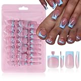 60pc Blue French Tip Press on Nails Medium & Square Fake Toenails Kit, Square Nails Press ons Toenail Women French Acrylic Nails Medium Glue on Nails Toenail Tips Toe Fake Nail with Tabs File