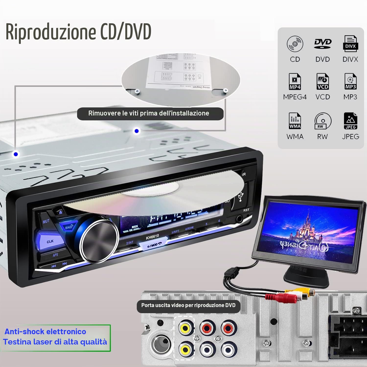 Autoradio Bluetooth 1 DIN con Lettore CD/DVD USB RDS/FM/AM Radio SD AUX Chiamate in vivavoce