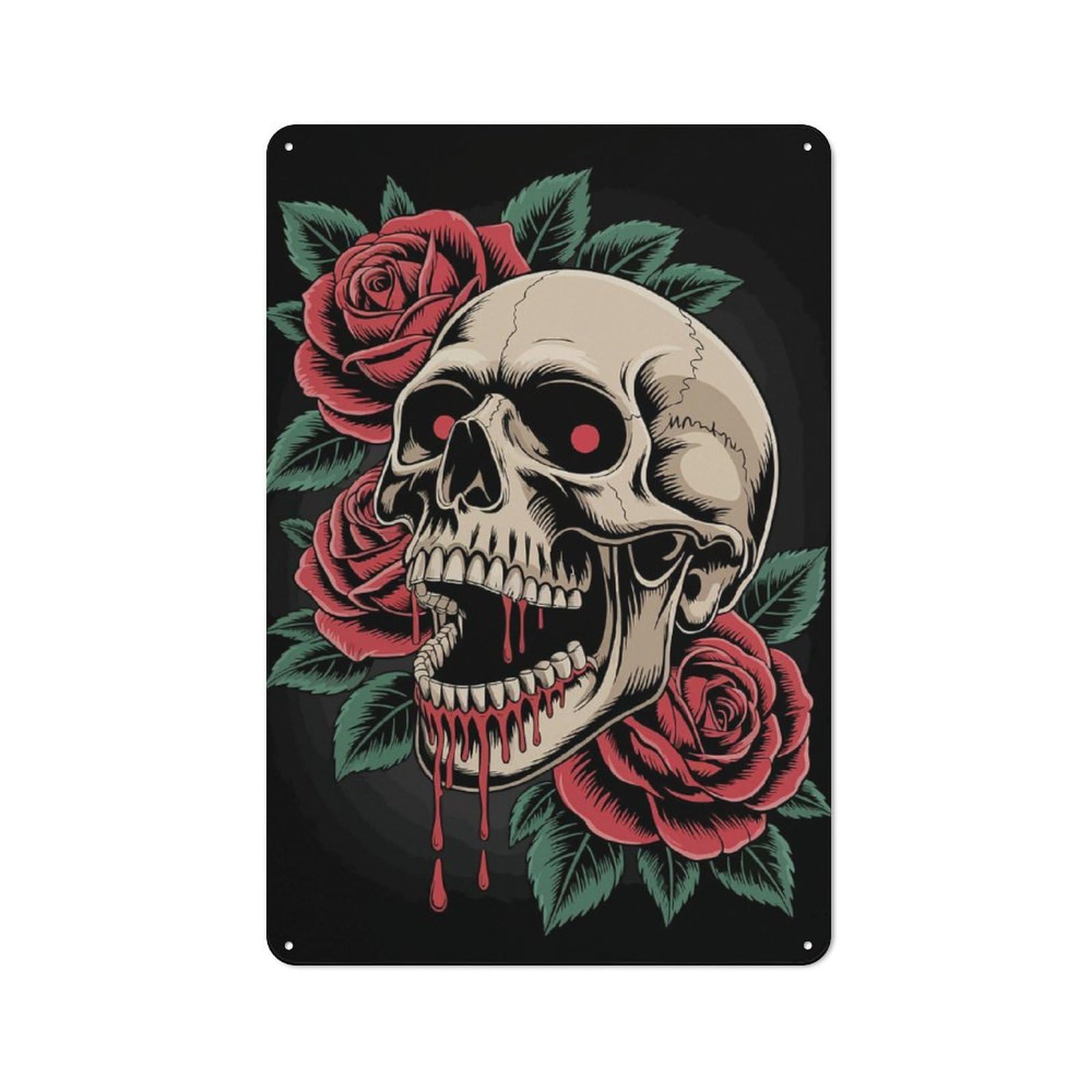 Junmoney Skull With Roses Illustration Rustic Tin Sign 30X20cm Featuring For Living Room Wall, For Metal Sign Collectors, For Garage And Workshop Walls