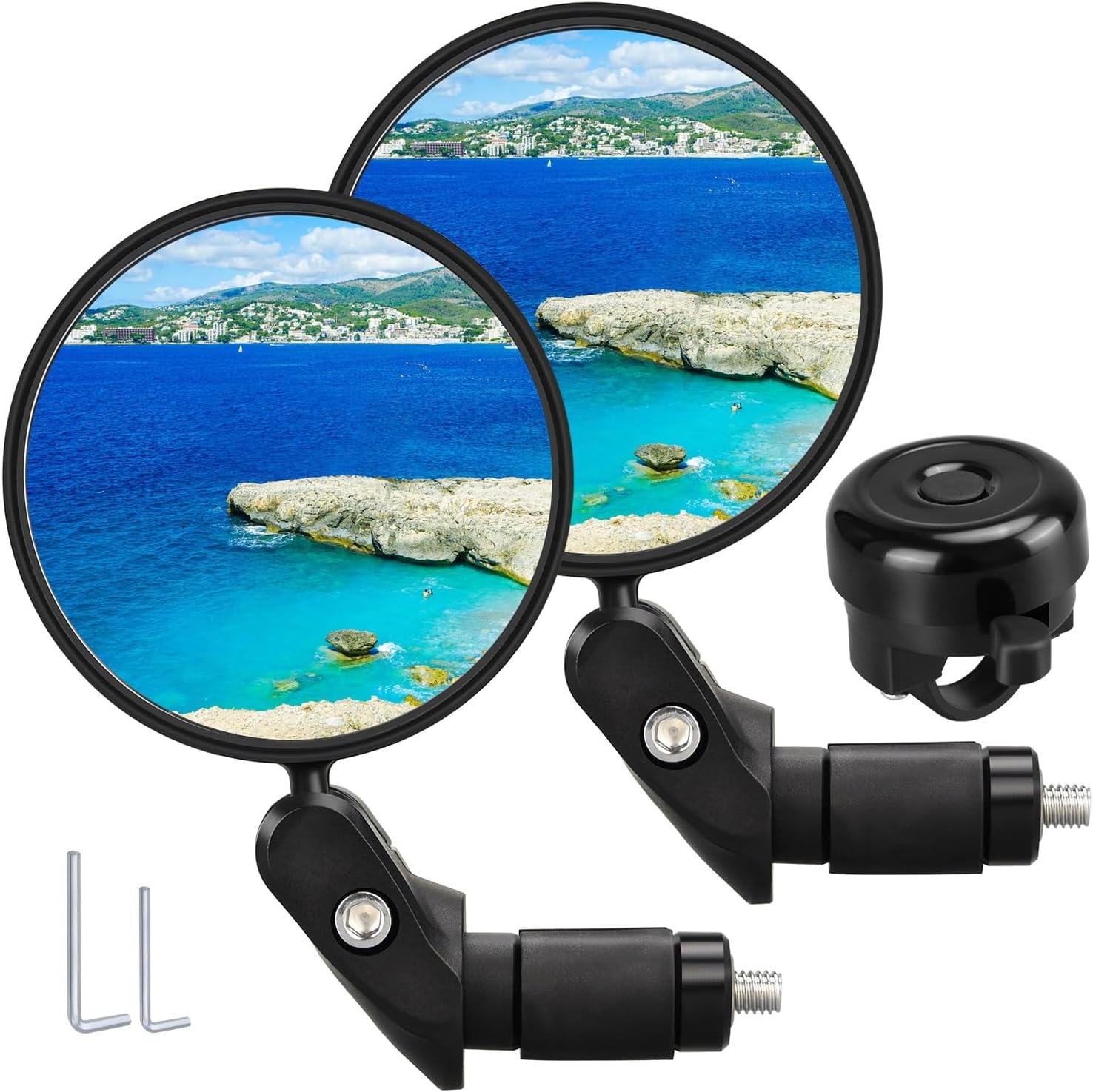 Handlebar Bike Mirror, 2pcs Bicycle Rearview Mirrors with 1pcs Bike Bell, HD Safety Bike Rear View Mirror, Adjustable Handlebar Mounted Convex Mirror with Allen Wrench, (2 Mirrors +1pcs Bell)