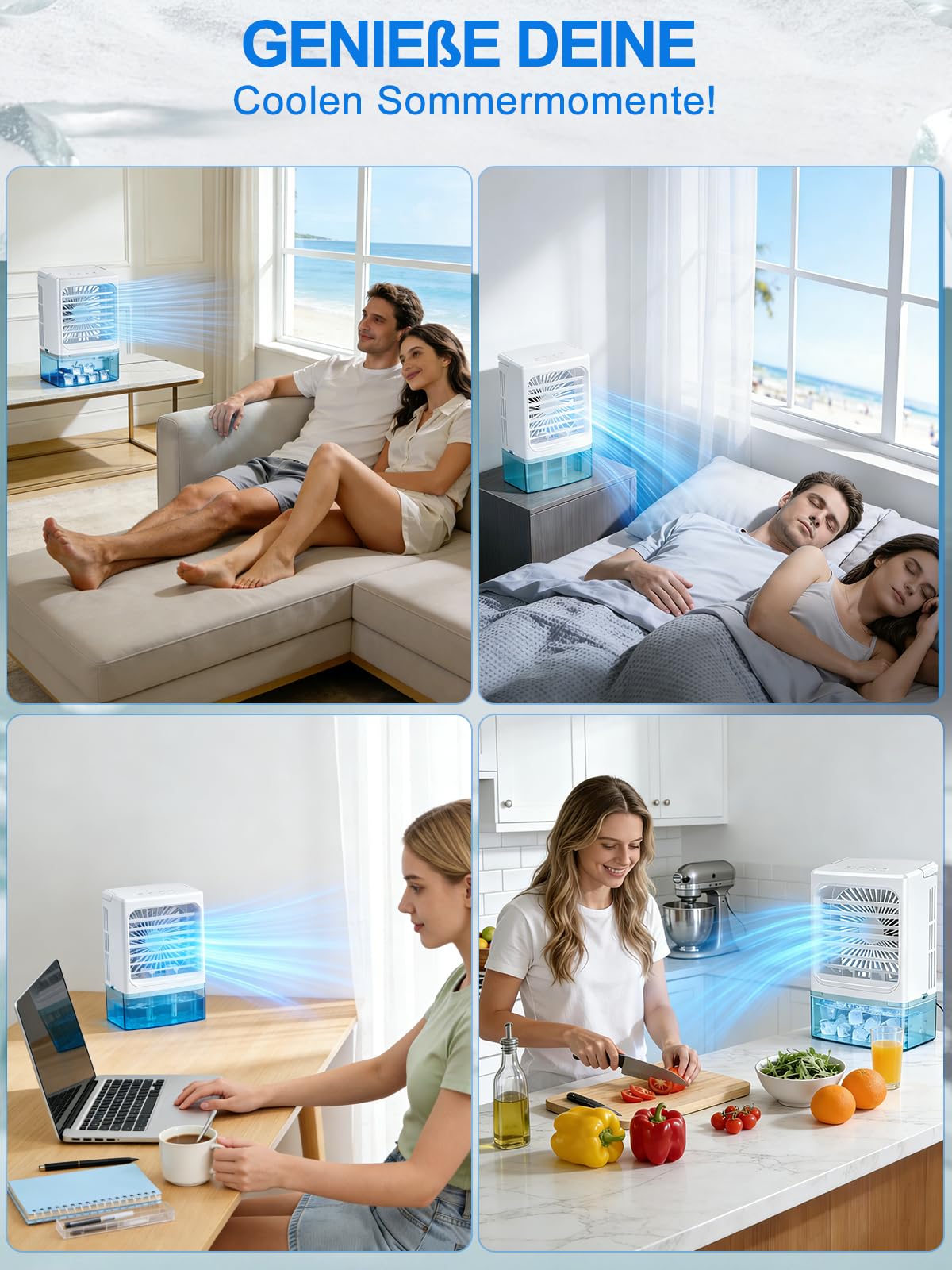 Mini Klimaanlage Ventilator 4-in-1, Lüfter, Luftkühler mit Befeuchter & LED Licht, 900ml Wassertank, 3 Geschwindigkeiten, 60° Verstellbar, USB 5V, Leise Mobiler Air Cooler für Büro Schlafzimmer Auto