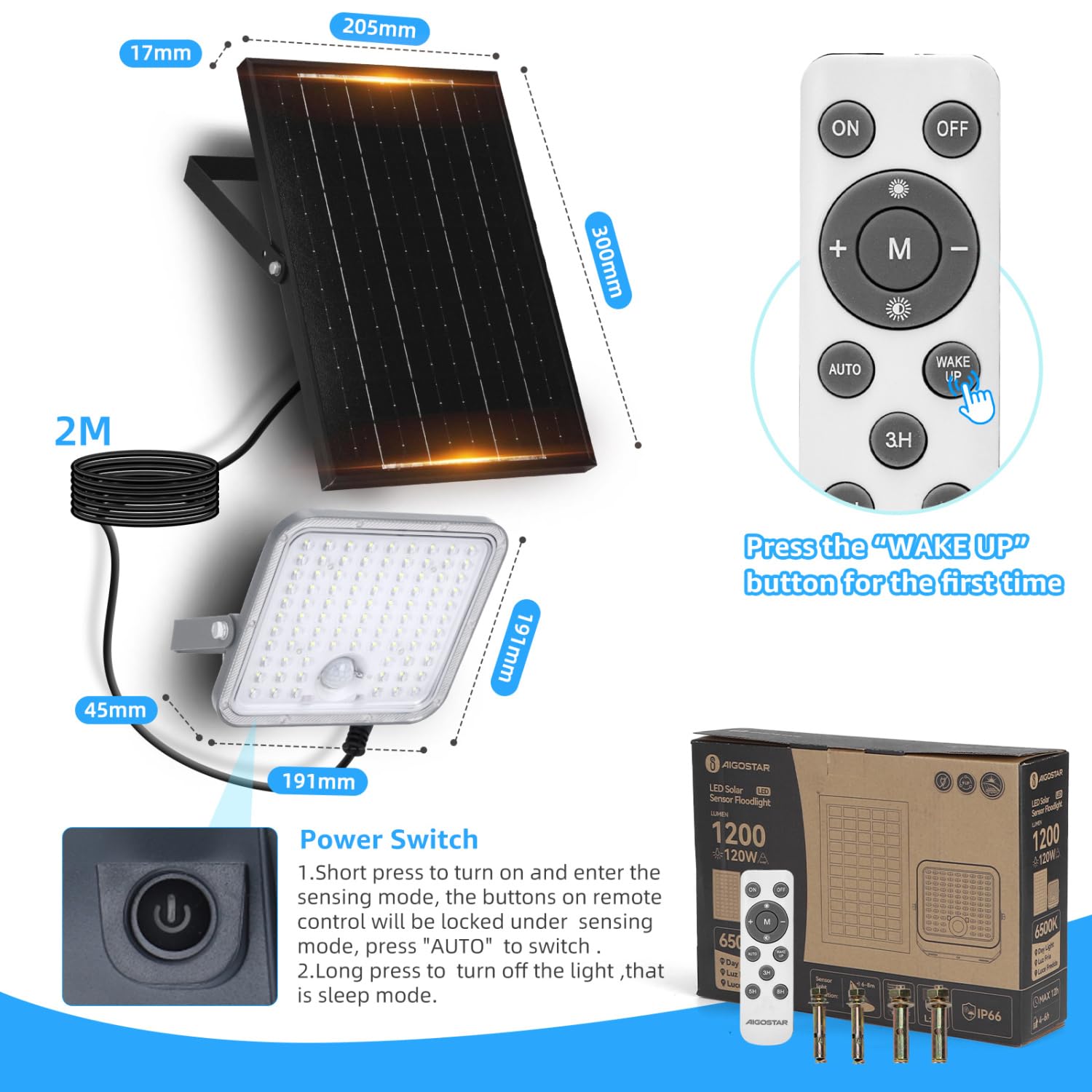 Aigostar Foco LED solar exterior con gran panel solar,Súper Luminoso,8000mAH,Batería gran capacidad,Impermeable IP66 Luz Solar,lampara solar con detección de movimiento para jardín,6500K,2 Piezas