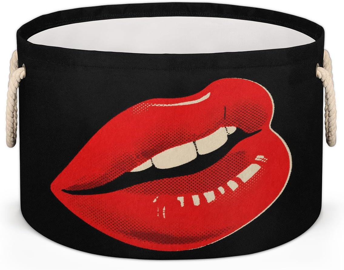 Large Storage Baskets - Red Lips Nursery Round Collapsible Organizer Bin Box - Laundry Hamper for Kids Toys, Blanket, Bedroom Living Room Home Decor, Gift Basket, 19.4"x13.3"