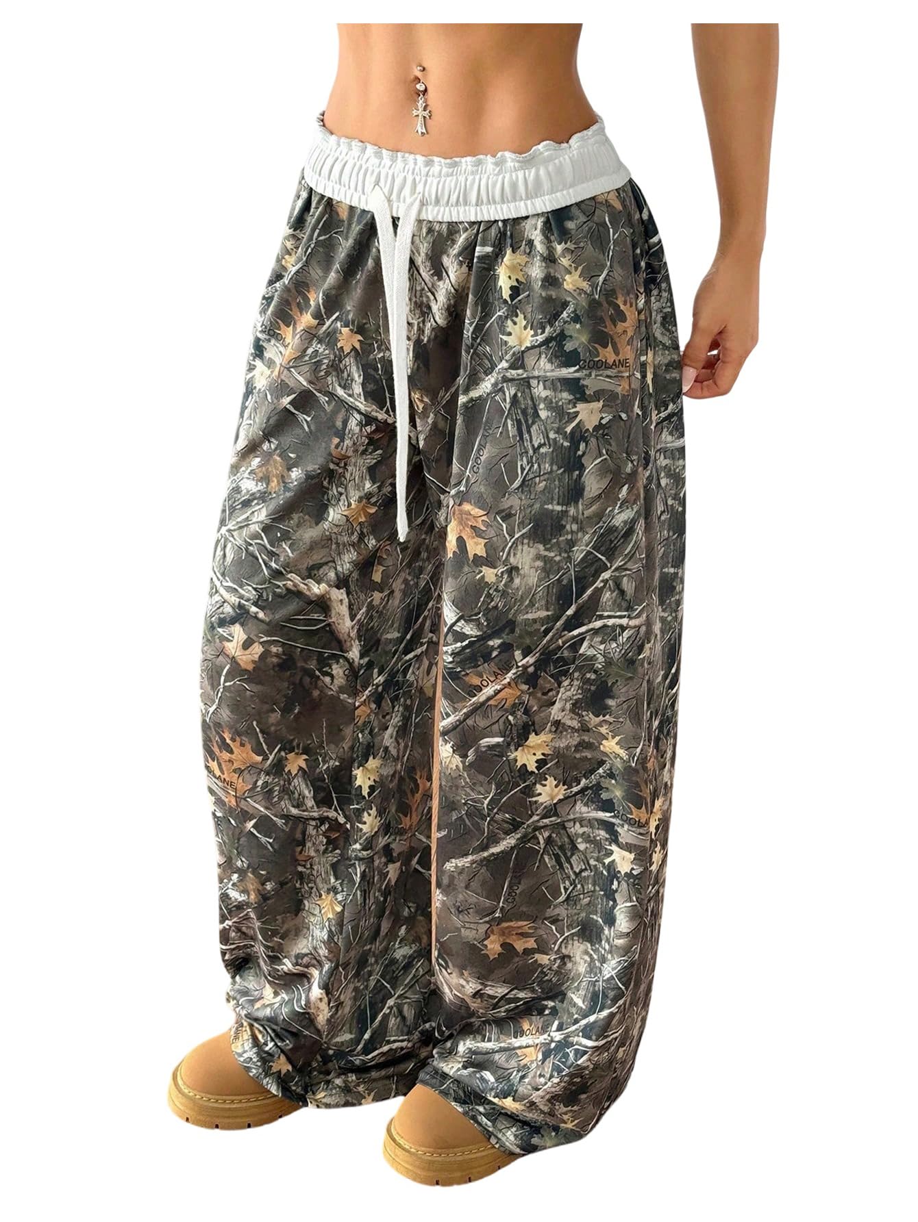 SHENHE Womens Camo Pants Drawstring Waist Y2k Sweatpants Wide Leg Baggy Streetwear Trousers