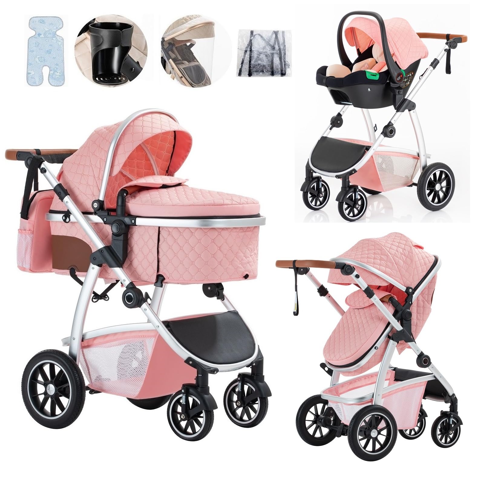Passeggino Trio,Passeggino Leggero è Dotato di Un Maniglione Regolabile in Altezza,Passeggino Reversibile è Dotato Anche di Seggiolino Auto, Zanzariera e Borsa Per La Mamma, Portabicchieri