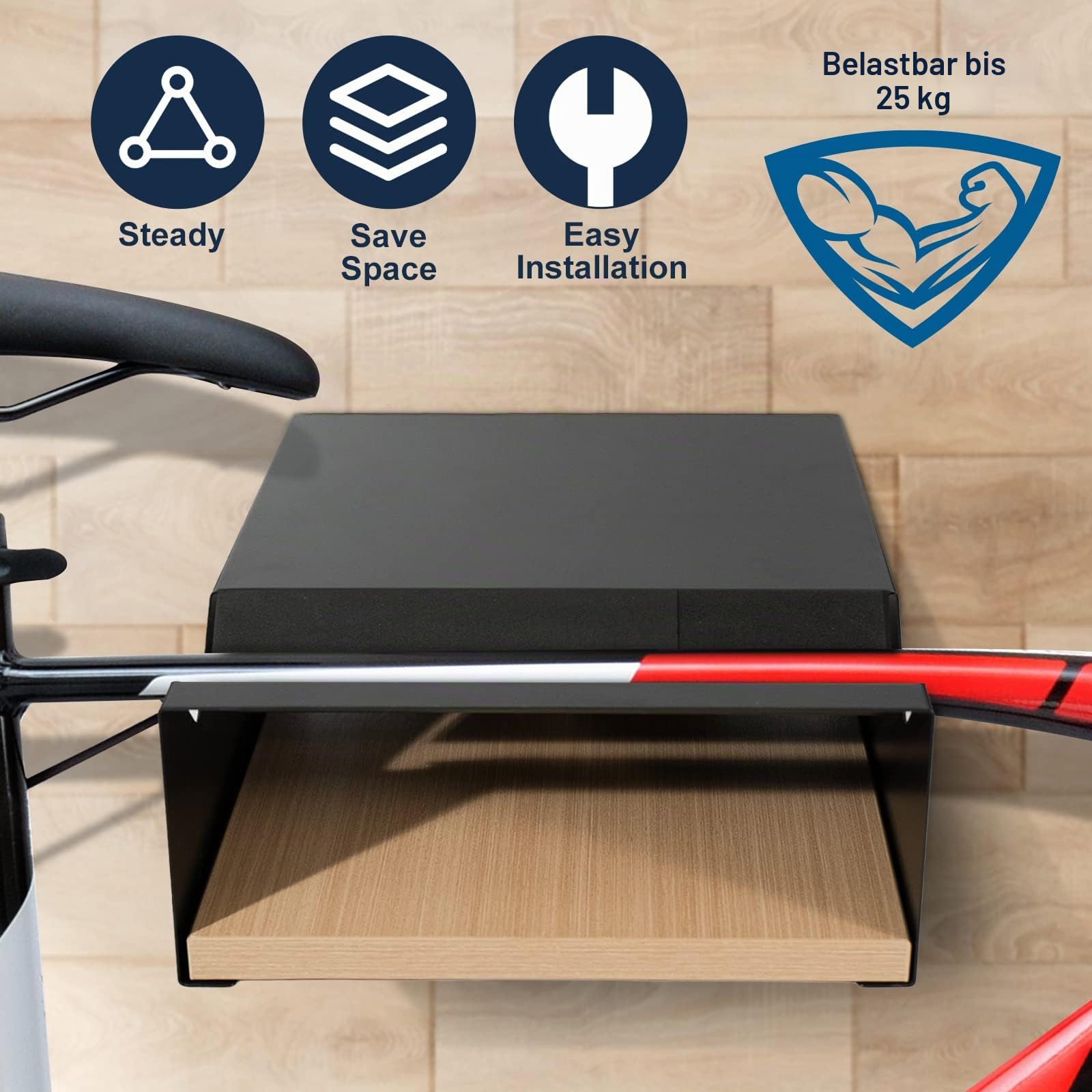 MOSHAY Fahrrad Wandhalterung S-Rack Fahrradhalter Aluminium Holz - Fahrradhalterung für Rennrad Gravel Bike Tourenrad - Fahrradständer Wand Innenaufbewahrung für Garage Wohnzimmer