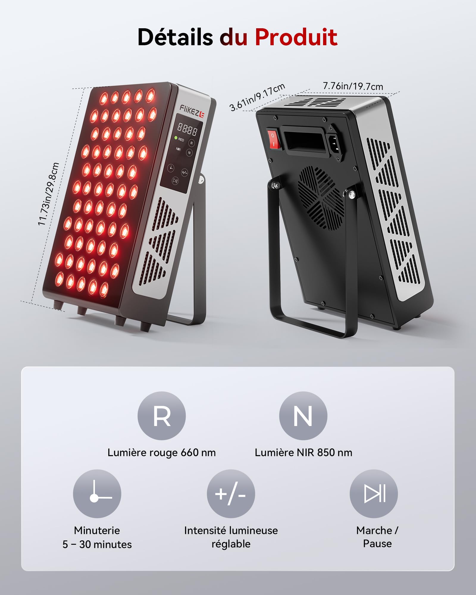 FliKEZE Lampe à Lumière Rouge (Modèle Basique), 60 LED Lumière Rouge Lampe Infrarouge à 850 nm et 660 nm avec Minuterie, Adaptée à l'Usage Domestique, au Sport et comme Cadeau