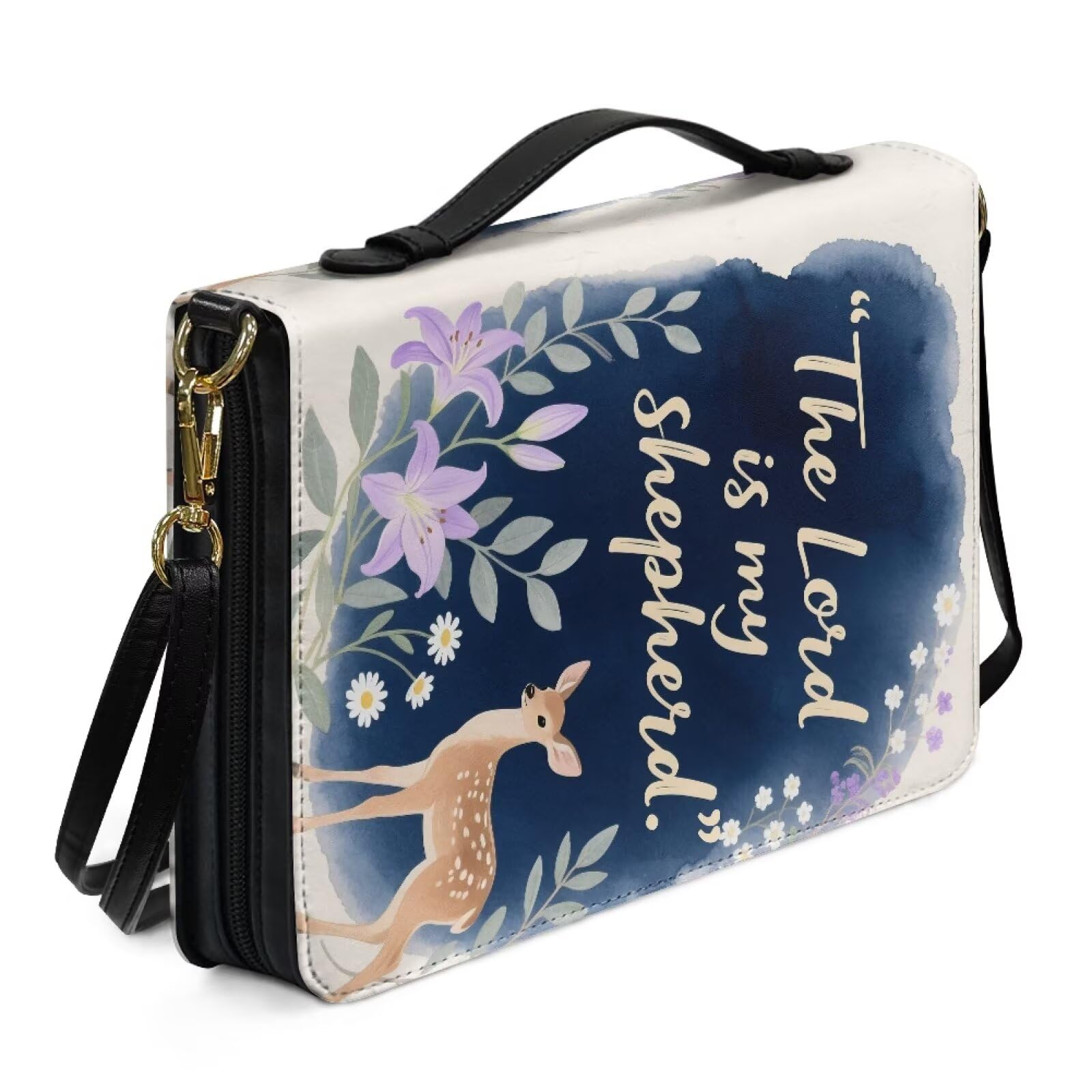 Kuiaobaty God Quotes Bible Case Large Size Book Carrying Bag with Handle, Deer Floral Lord Saying PU Leather Book Protective Bag with Shoulder Strap,2XL