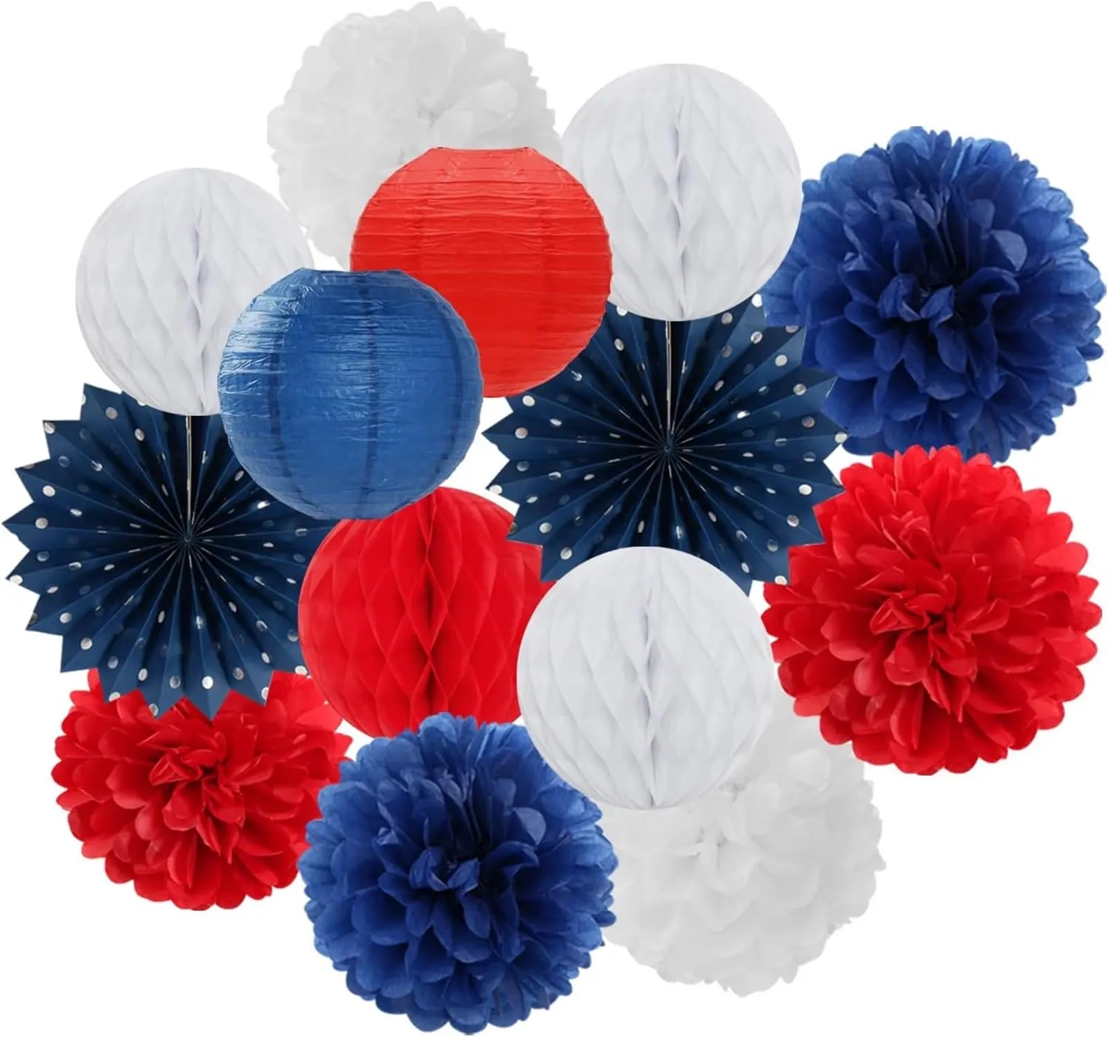Paper Lanterns 14Pcs Lantern Tissue Pom Poms Honeycomb for Wedding Bridal Shower Birthday Party Decoration(Red Blue White)