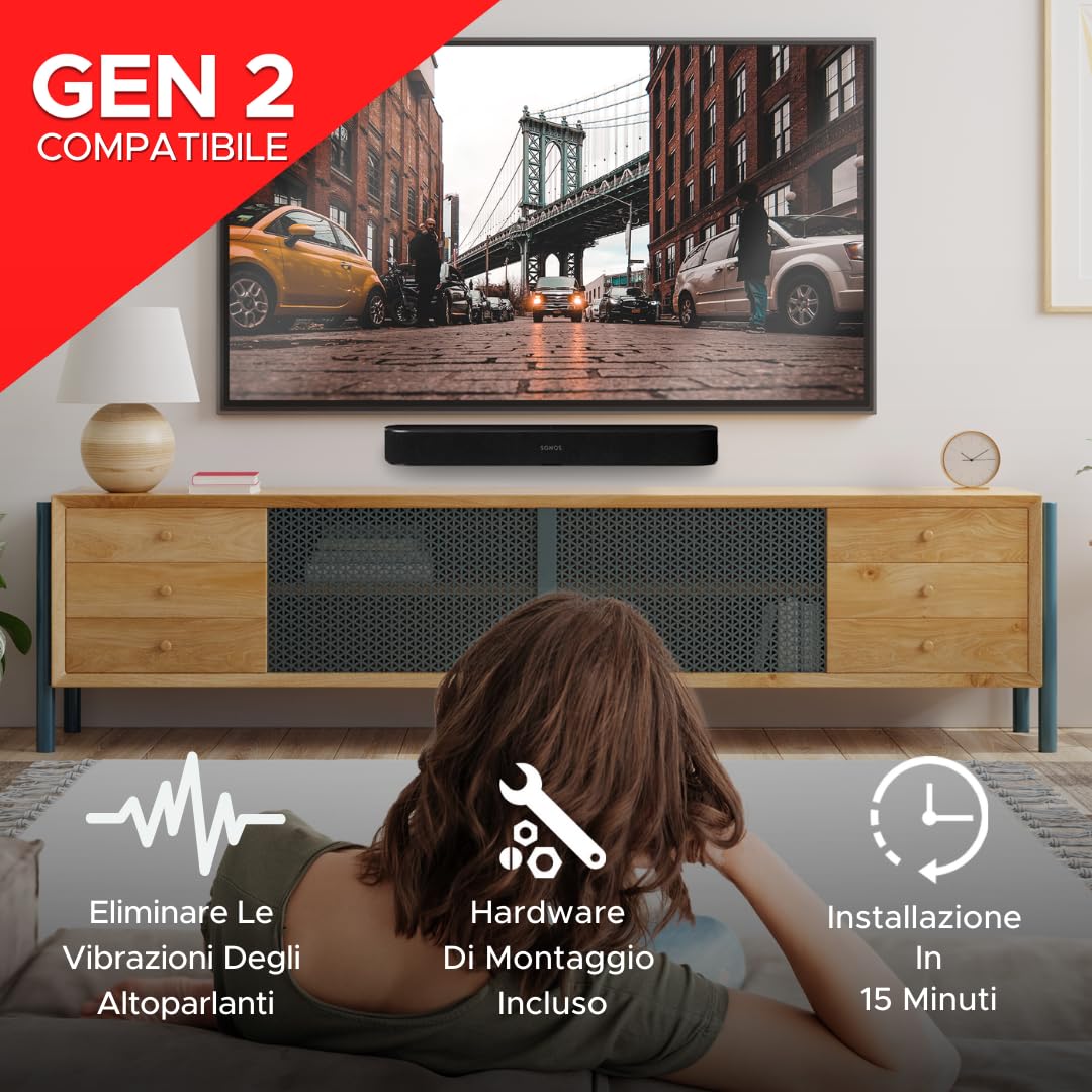 Supporto Soundbar Soundbass per Sonos Beam, Compatibile con Sonos Beam Sound Bar di Prima e Seconda Generazione, Include Tutto l'Hardware di Montaggio Necessario, Staffa di Montaggio, Nero