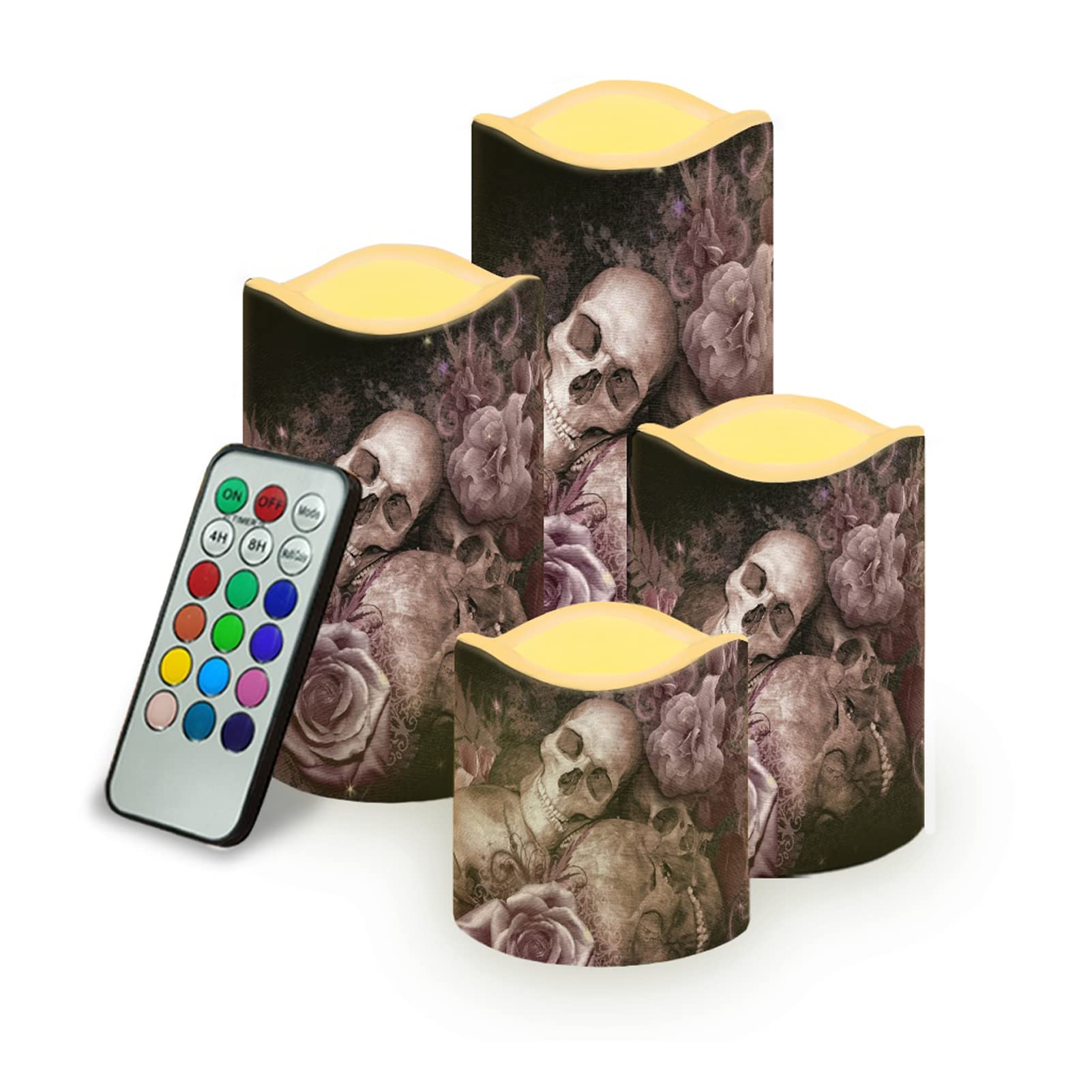 Dolyues Rose Skull Flameless Flickering LED Votive Tealight Candles Battery Operated with Timer - Warm Yellow