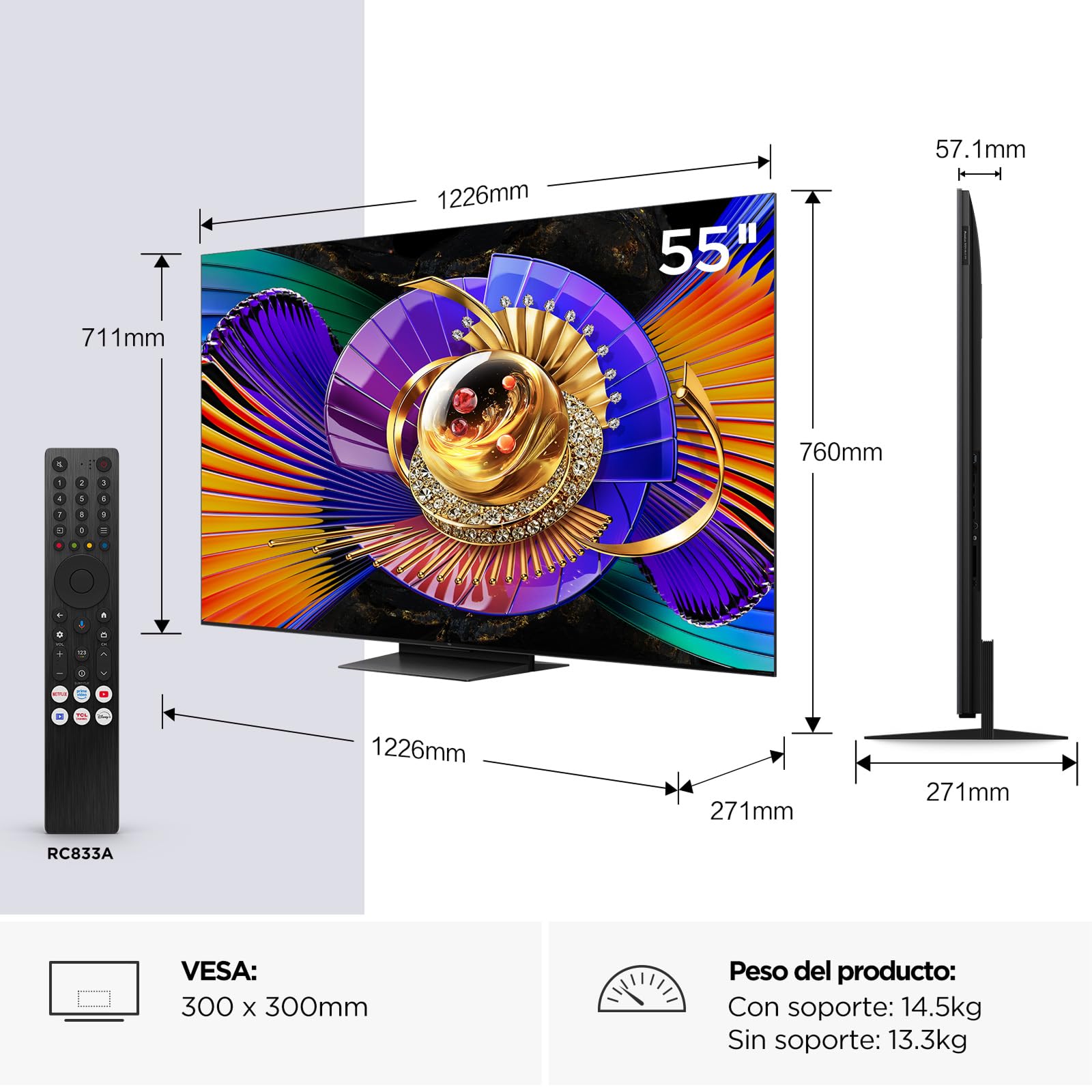 TCL 55C7L 55 Pulgadas SQD-Mini LED 4K HDR10+ Smart TV, 2.700 Nits