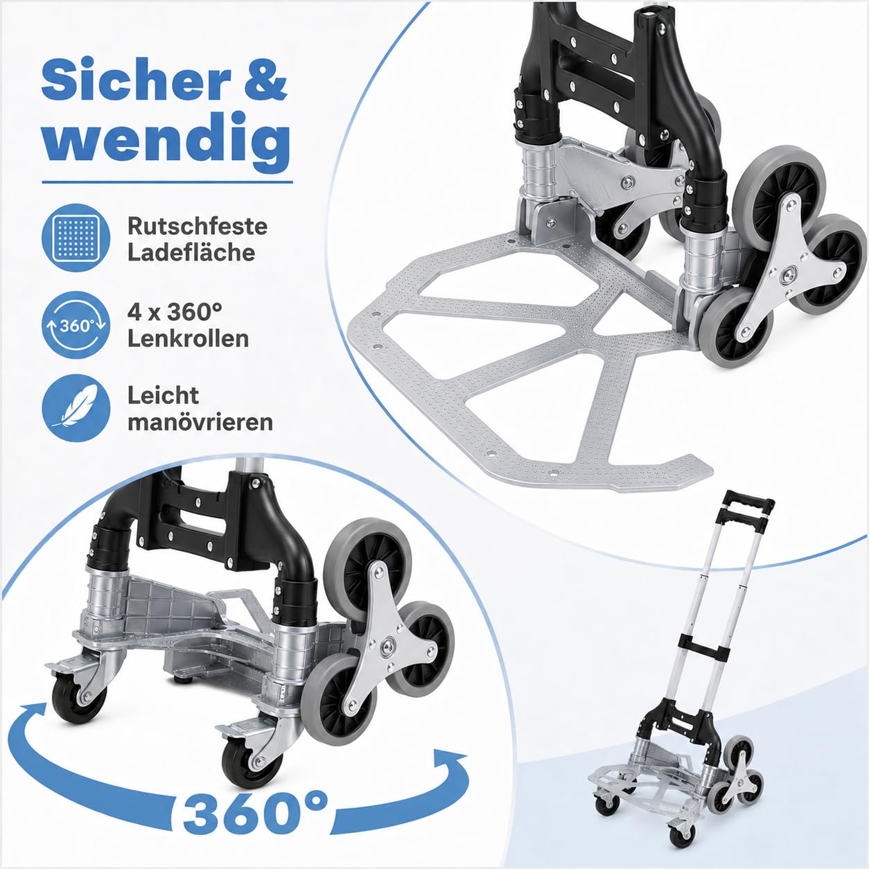 Aluminiowy wózek transportowy, składany, udźwig 35-70 kg, potrójna regulacja wysokości, 6 kół, wózek schodowy z antypoślizgową powierzchnią ładunkową