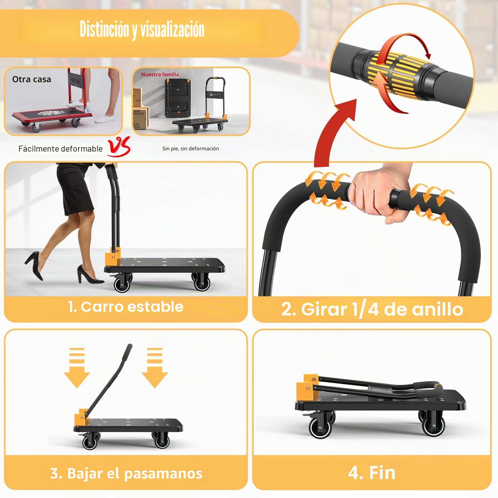 N&S Juvyig Carro de transporte plegable con una sola mano, 350 kg, con ruedas, con frenos, con plataforma