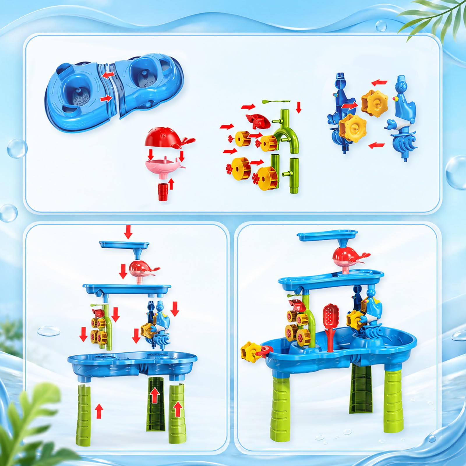 3-Stufiger Sand- und Wasser-Spieltisch für Kleinkinder, Wasserspieltisch Outdoor mit Regen-Effekt & Windmühle, inkl. 2 Stühle & Strandspielzeug, Sensorik Spieltisch für Kinder ab 3 4 5 6 Jahre