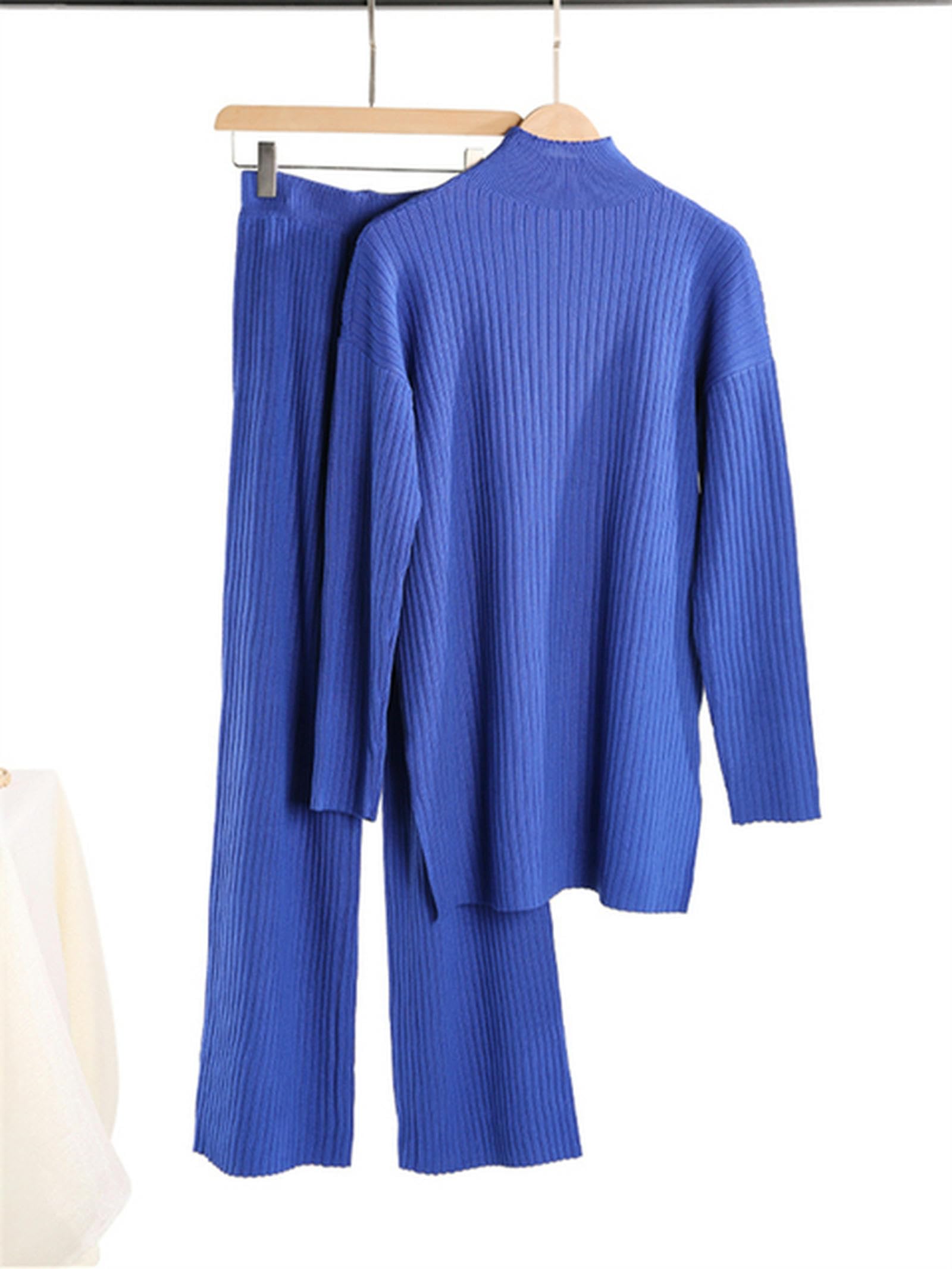 Set da 2 Pantaloni da Jogging a Gamba Dritta con Collo Alto e Tuta in Maglia da Donna-NUOVOblu-Taglia Unica