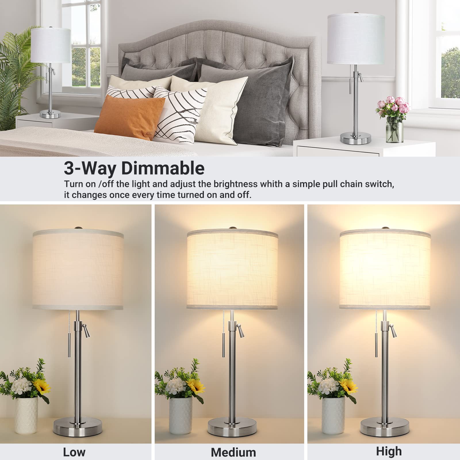 Brushed Nickel Table Lamps Set of 2: 22" to 30" Height Adjustable Nightstand Lamps with White Linen Shade | Pull Chain Switch | Silver Pole Beside Lamp for Living Room Bedroom