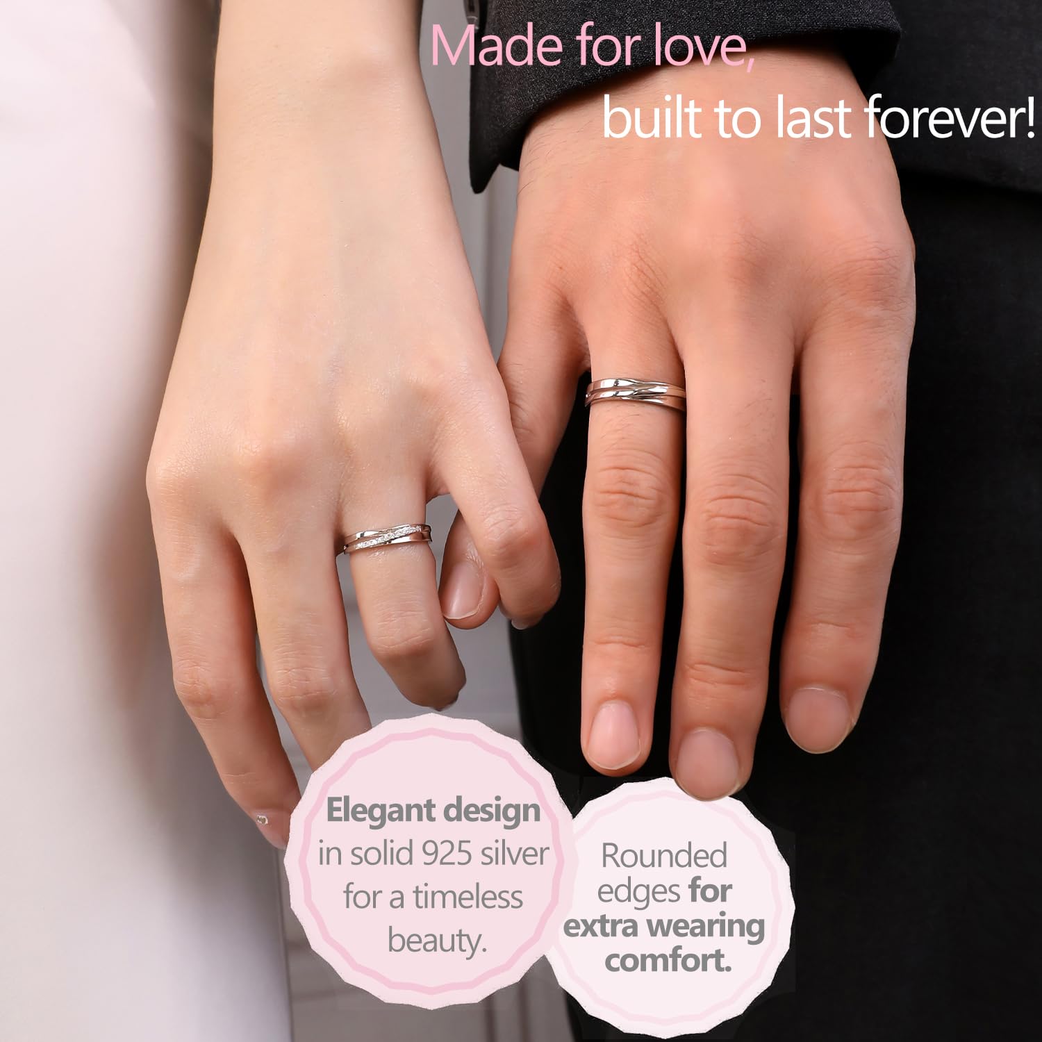 Meissa Anelli di coppia intrecciati per uomo e donna 925 fedi in argento sterling Misura regolabile Anello di anniversario Set Anello di promessa