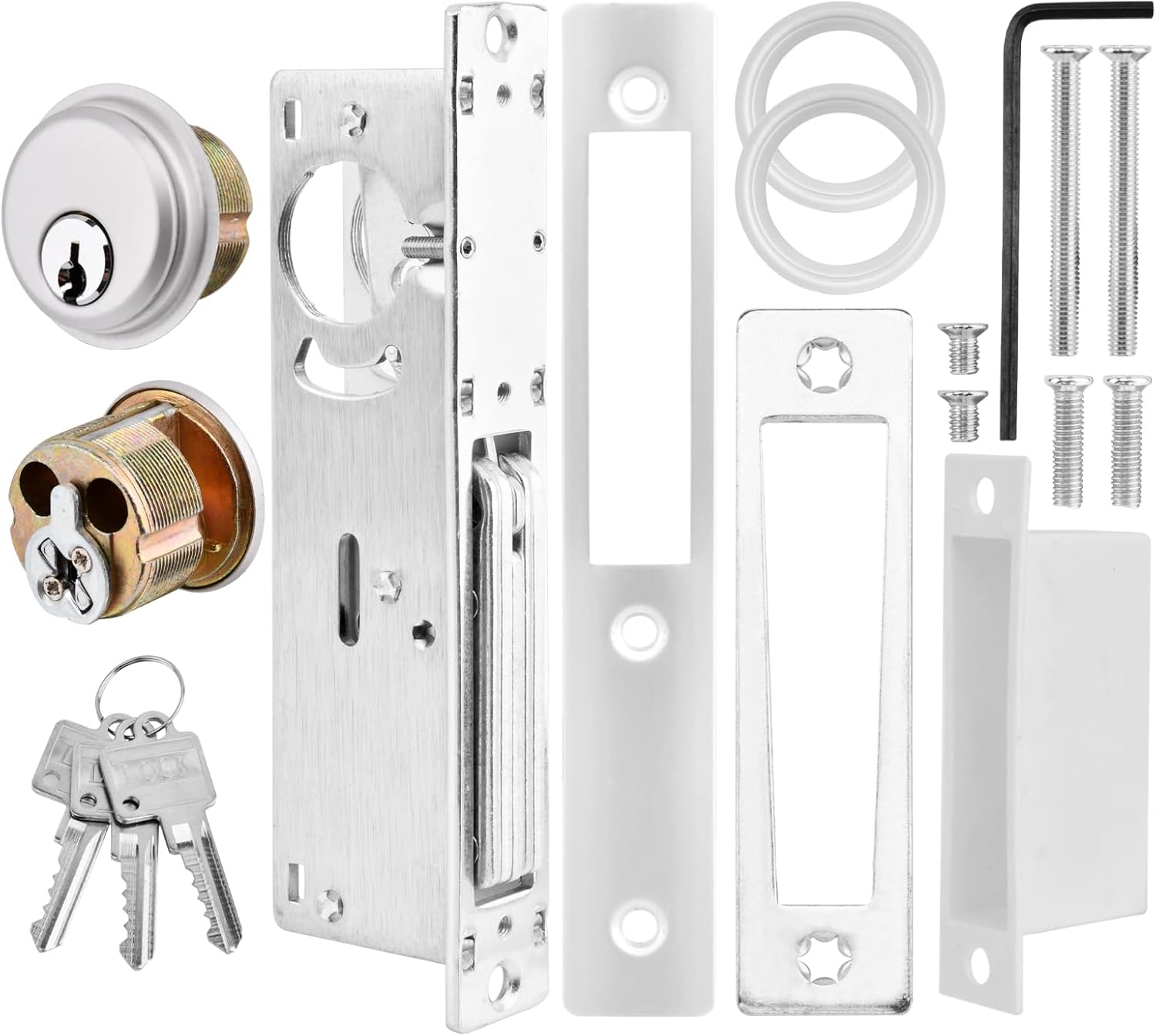 Storefront Mortise Door Lock, Commercial Mortise Lock with Lock Cylinder Aluminum Door Locks Double Cylinder Hook Deadbolt Lock Set for Storefront Entry Doors