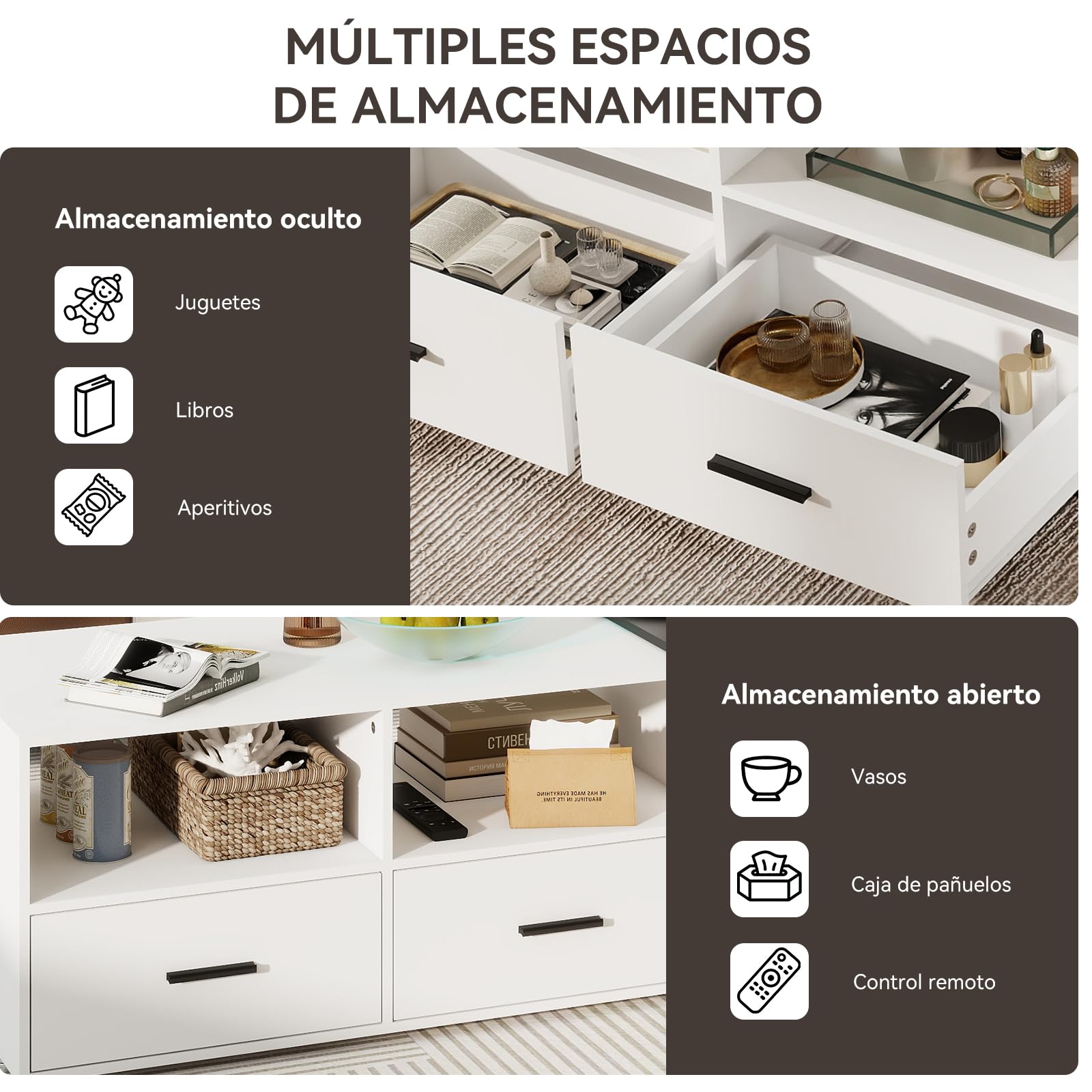 YU YUSING Mesa de Centro Elevable de 91 a 145 cm con 2 Cajones Grandes y 2 Estantes, Madera MDF para Espacios Pequeños, Blanco y Negro