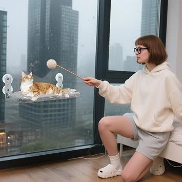 Cat Window Bed, Foldable Cats Hammock Bed, Suction Cups Seat with Interactive Toys for Cozy Naps Birds Watching Quiet Relaxation Small Spaces Bedroom Living Room Near Window