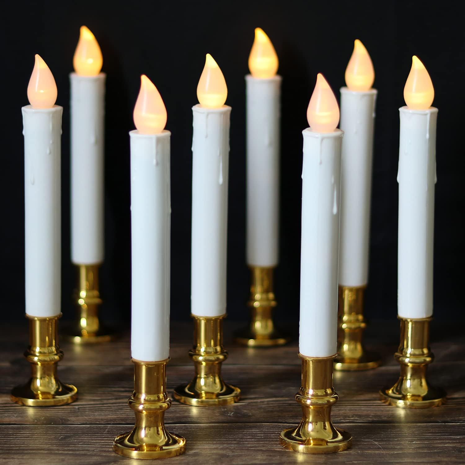 DRomance 9" Flameless Window Taper Candles Battery Operated with 8-Key Remote and Timer, 4 Pack White Christmas Holdiay Window Candles with Silver Holders, Suction Cups and AA Batteries Included