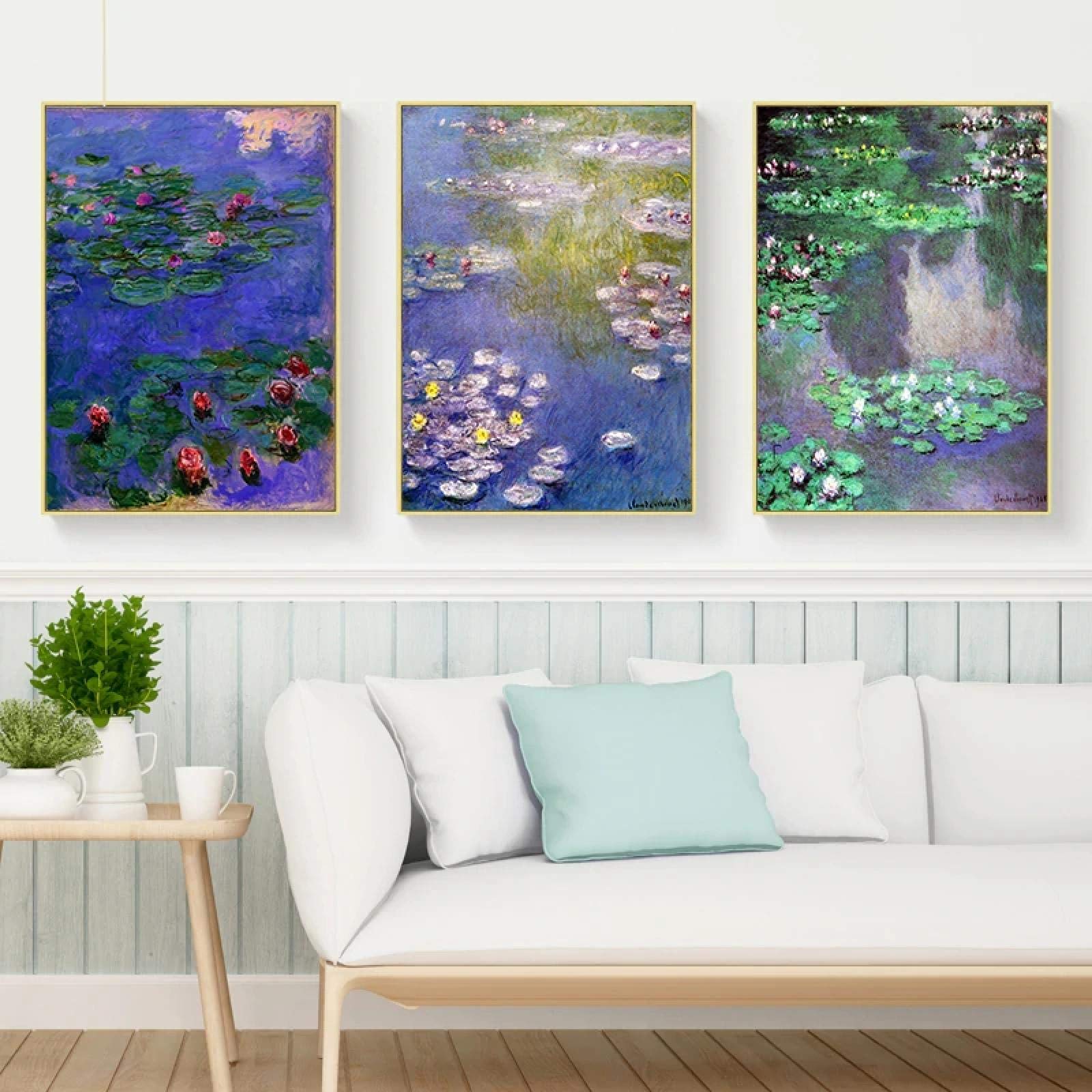 Peinture sur Toile Monet Fleurs de Lotus | Art Mural Impressionniste Salon 20x30cm x3