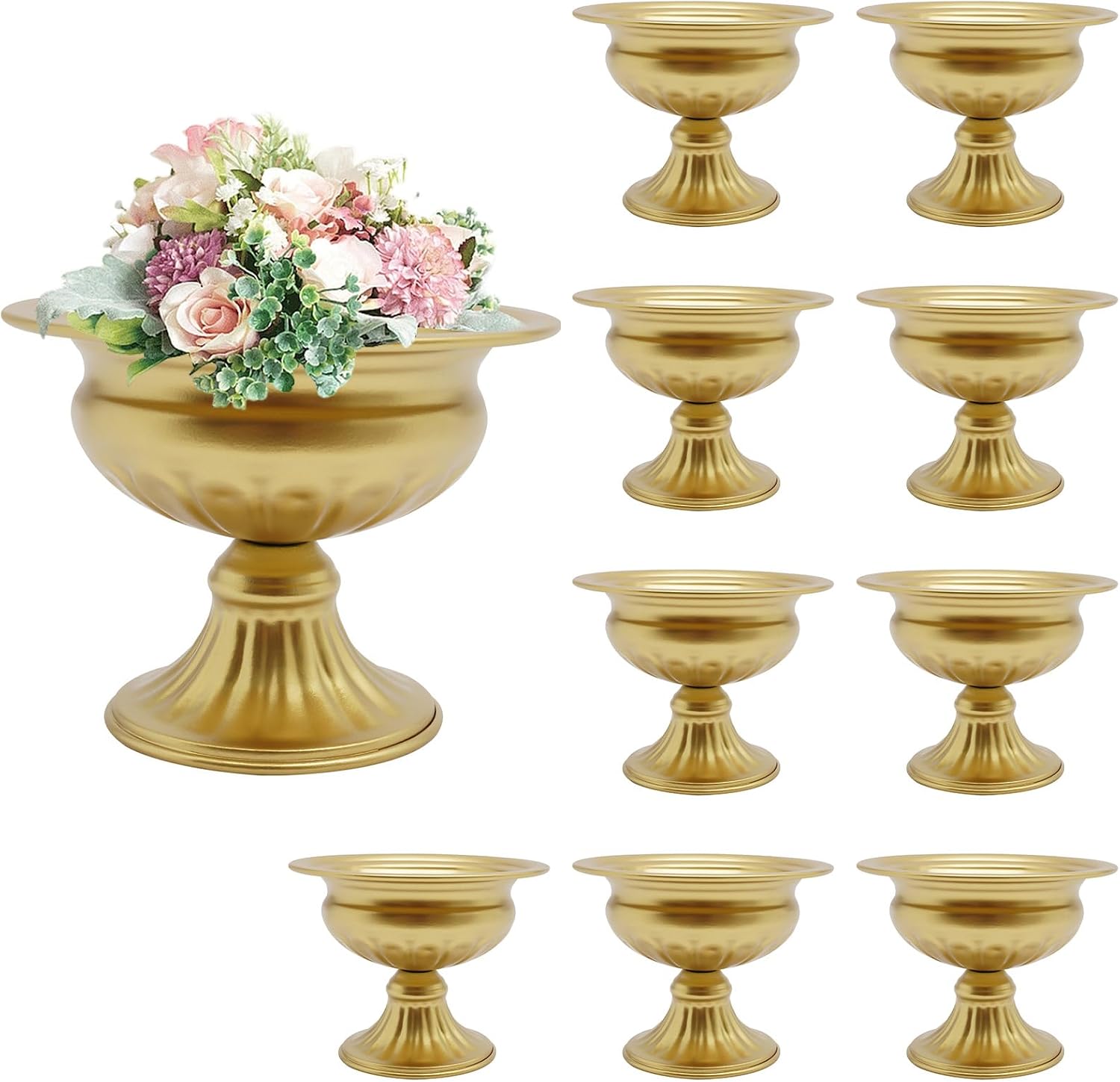 10 Pcs White Mini Metal Urn Planter Pot 4.7" Metal Wedding Table Centerpieces Flower Arrangement, Compote Trumpet Vase for Party Birthday Anniversary Ceremony